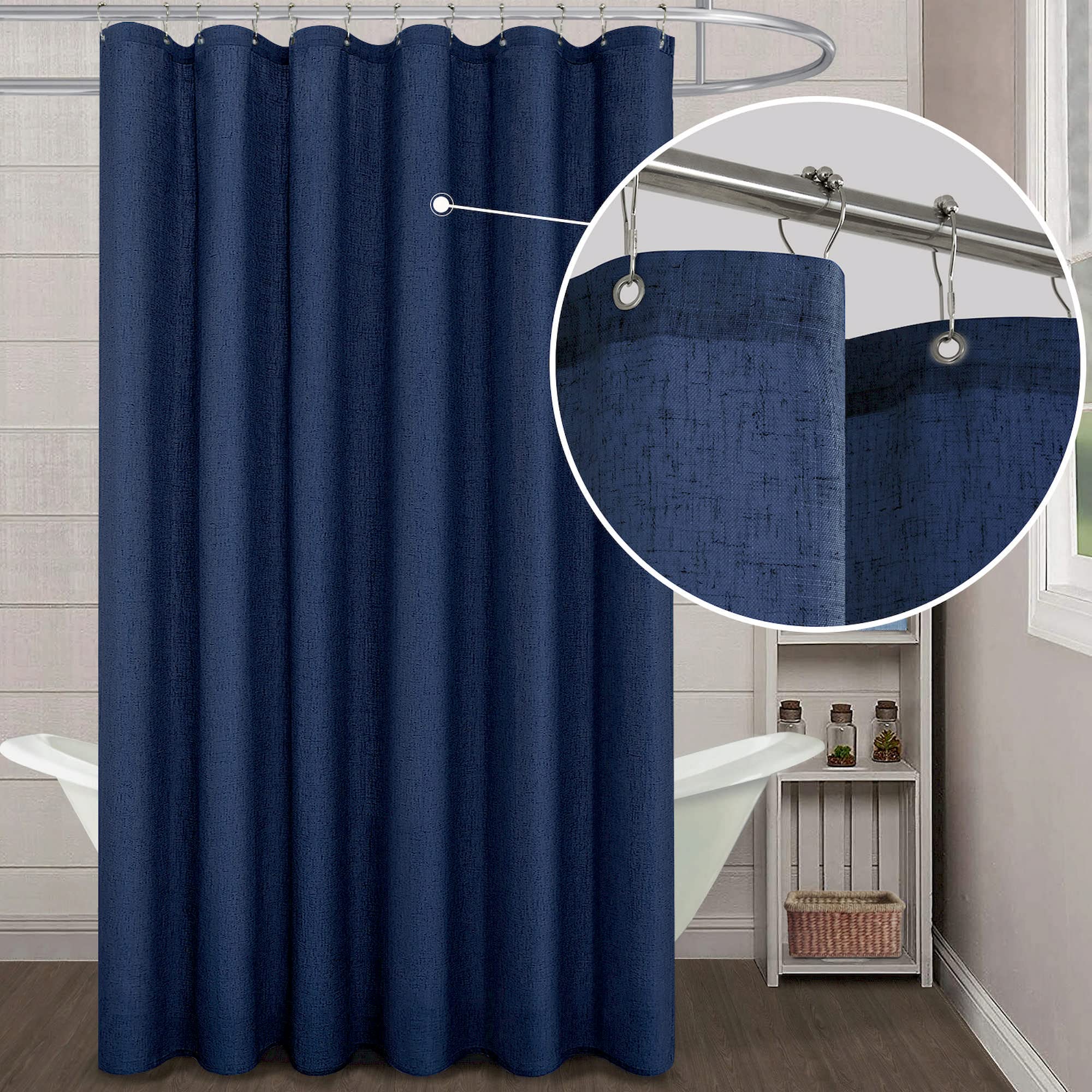 Koufall Navy Waterproof Linen Fabric Shower Curtain For Bathroom 72X80 Inches Long
