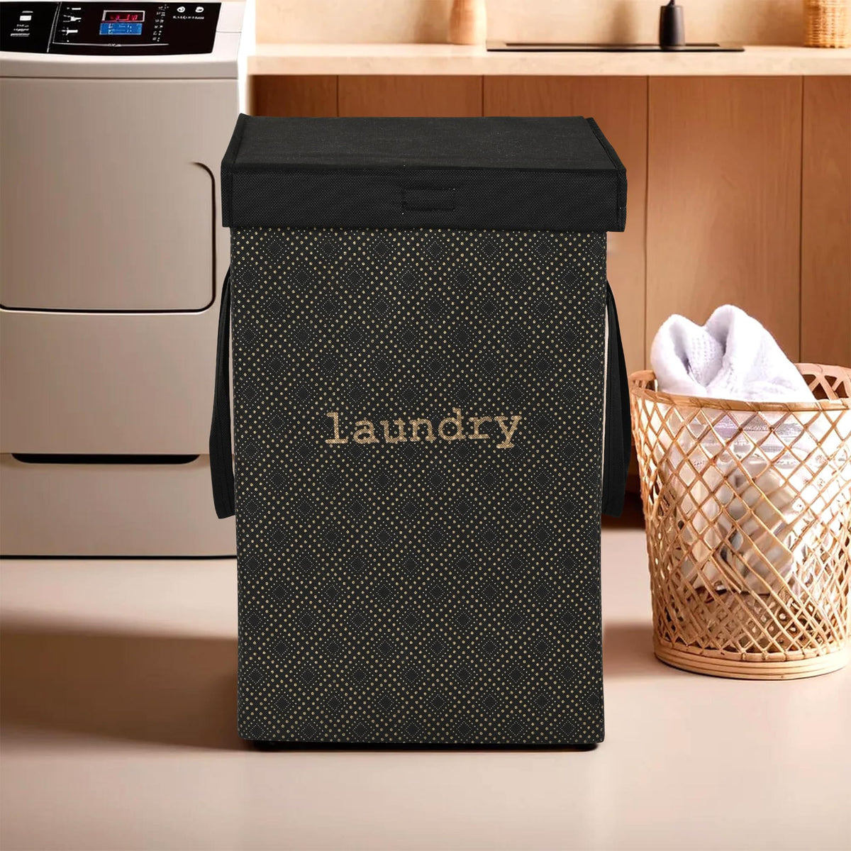 Kuber Industries NonWoven Laundry Basket, Clothes Hamper For Laundry Closet, Bedroom, Bathroom With Lid & Handles (Black)44KM0