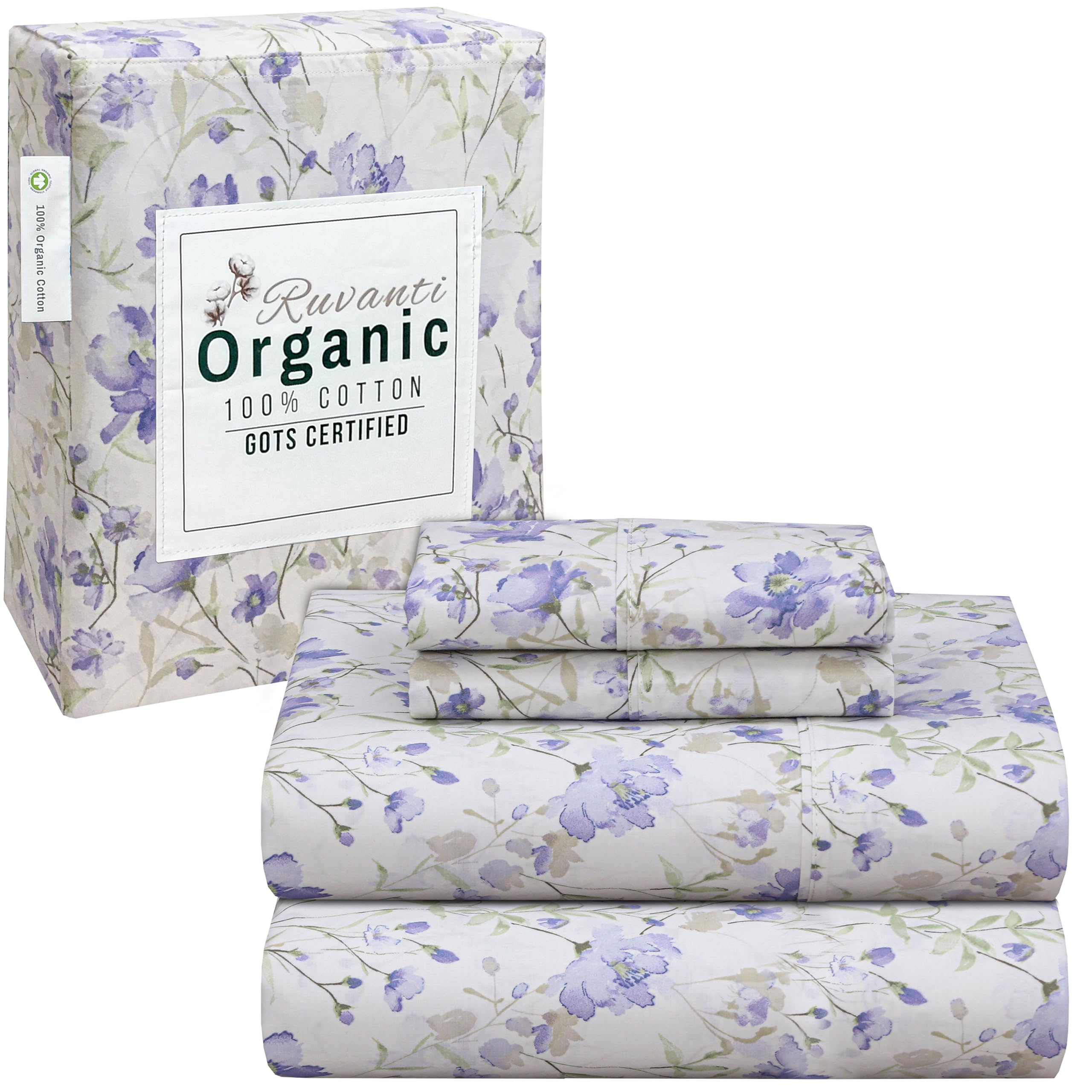 Ruvanti 100% Organic Cotton Sheets Queen Size Set, 4 Pieces, Soft & Breathable Percale Weave Bedding, Deep Pocket 16' Hotel Sta