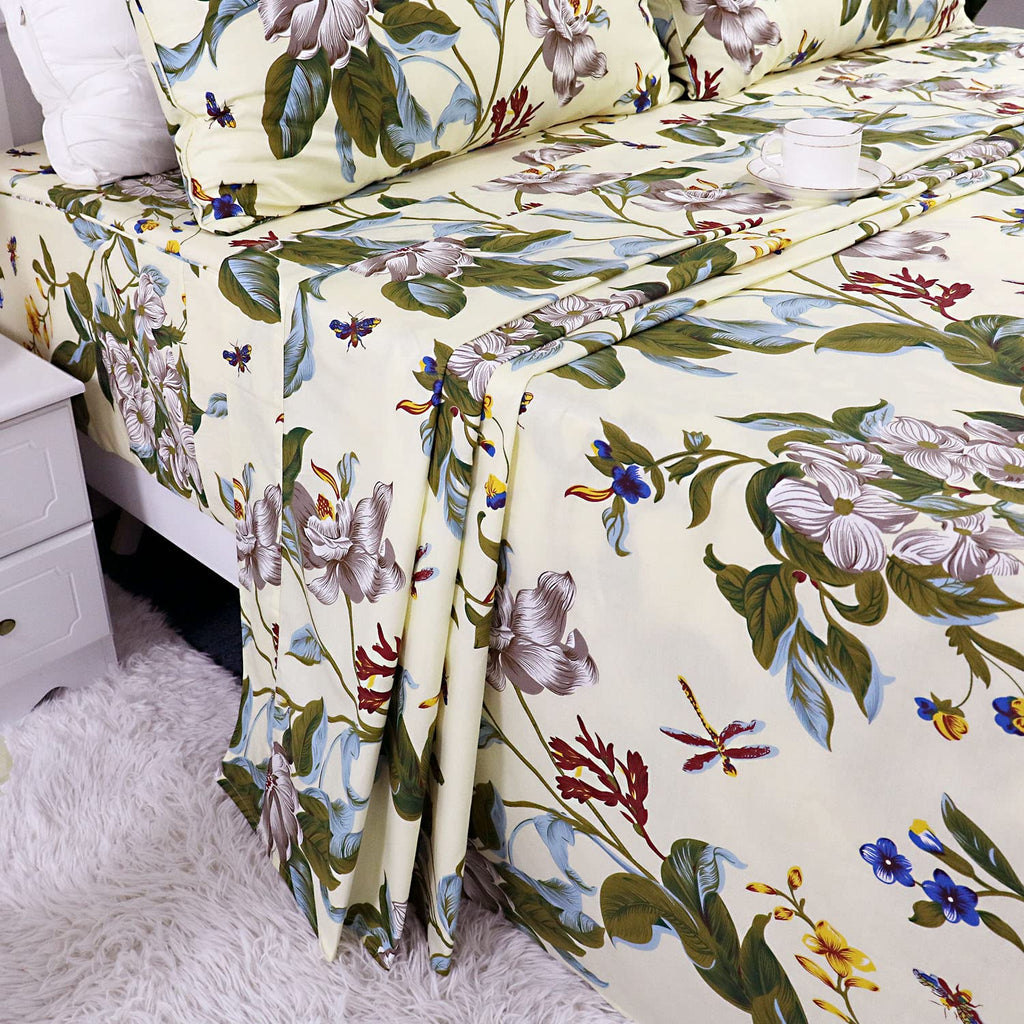 Fadfay Floral Sheets Twin Xl 100% Cotton 600 Tc White Flower And Green Leaves Bedding Dorm Room Extra Long Bed Sheet Countryside