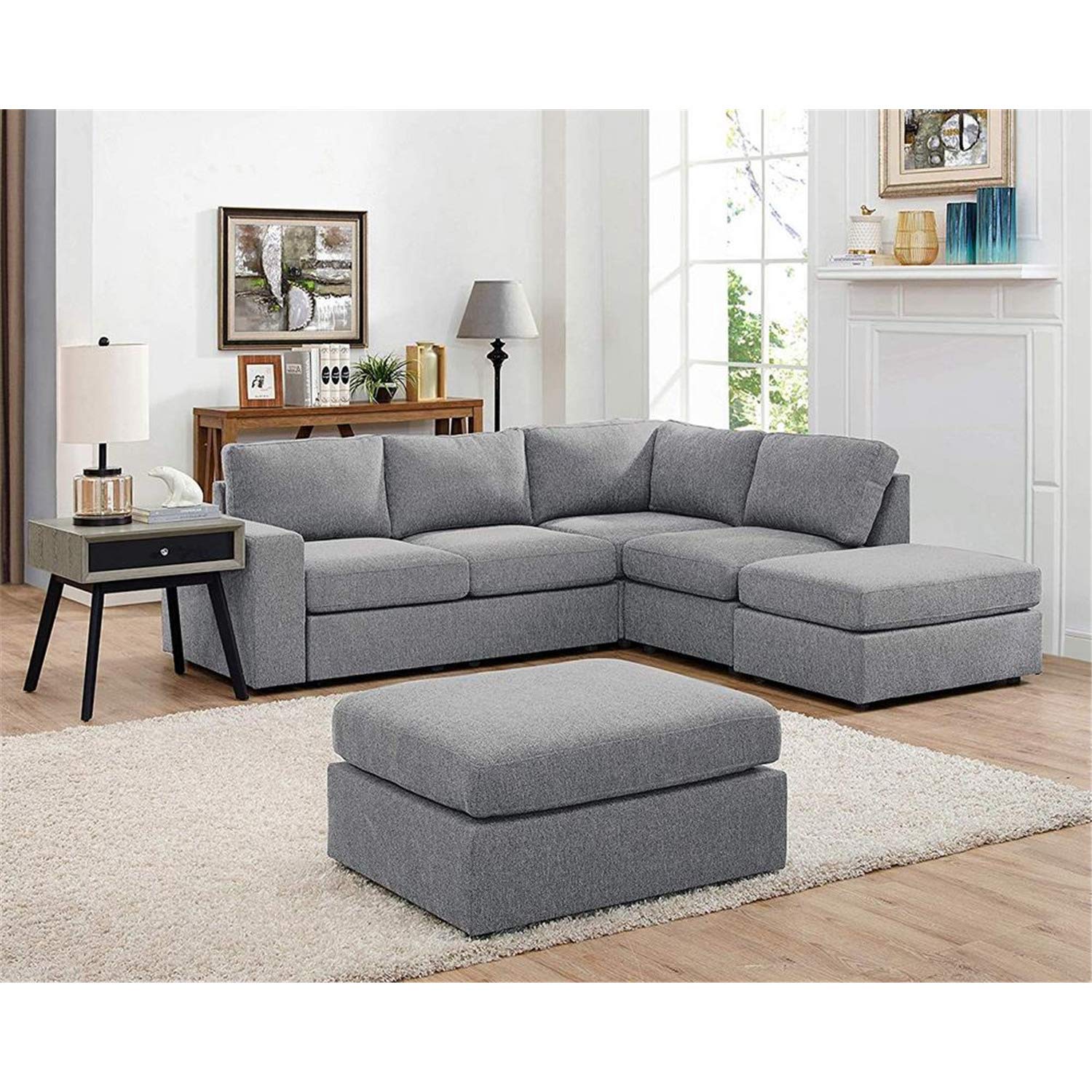 Lilola Home Marta Light Gray Linen 6 Seat Reversible Modular Sectional Sofa With Ottoman
