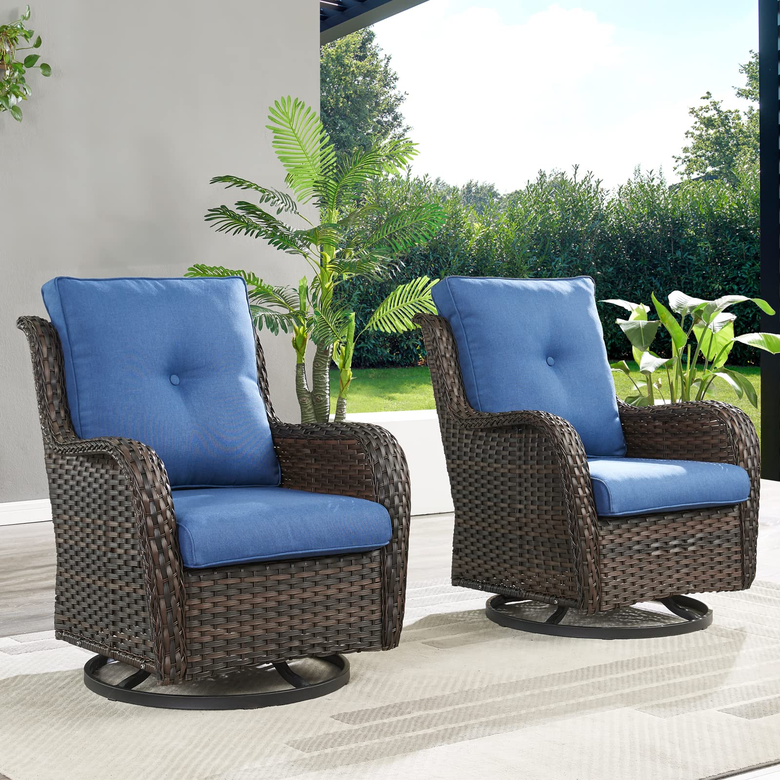Hummuh Outdoor Swivel Rocker Wicker Patio Chairs Set Of 2, Rattan Rocking Chair Furniture Set(Brown,Blue)