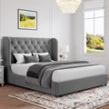 HOMBCK Grey Queen Bed Frame, Velvet Upholstered Platform Bed Frame with Headboard, Curved Wingback Design, Wooden Slats, No Box 