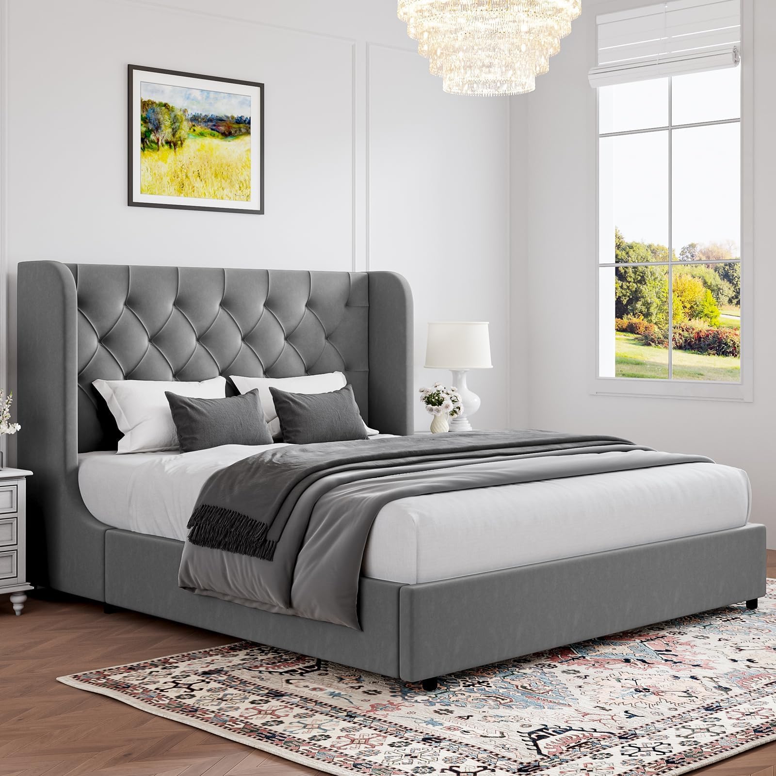 HOMBCK Grey Queen Bed Frame, Velvet Upholstered Platform Bed Frame with Headboard, Curved Wingback Design, Wooden Slats, No Box 