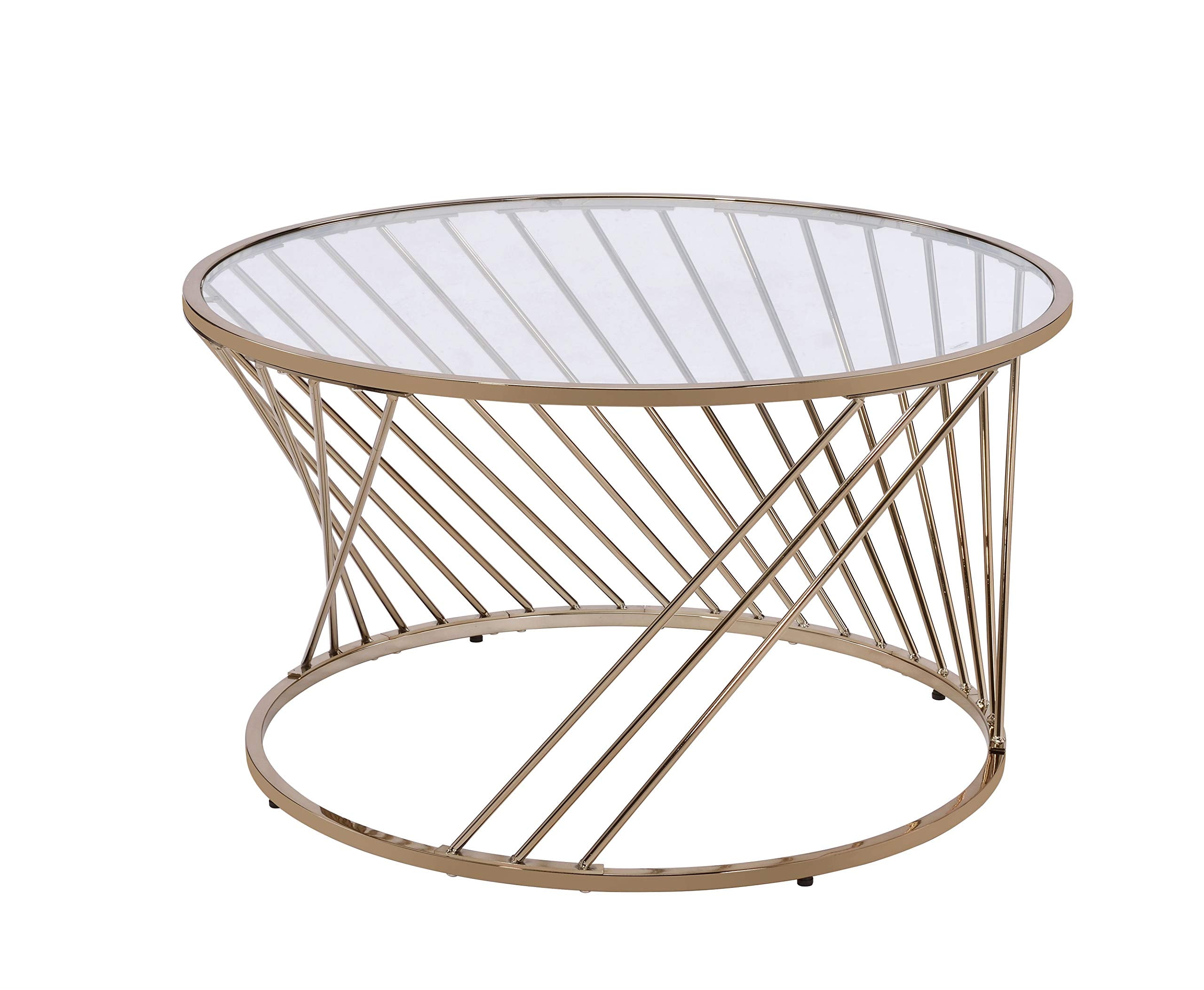 Benjara Contemporary Coffee Table With Twisted Metal Base And Round Glass Top, Gold And Clear