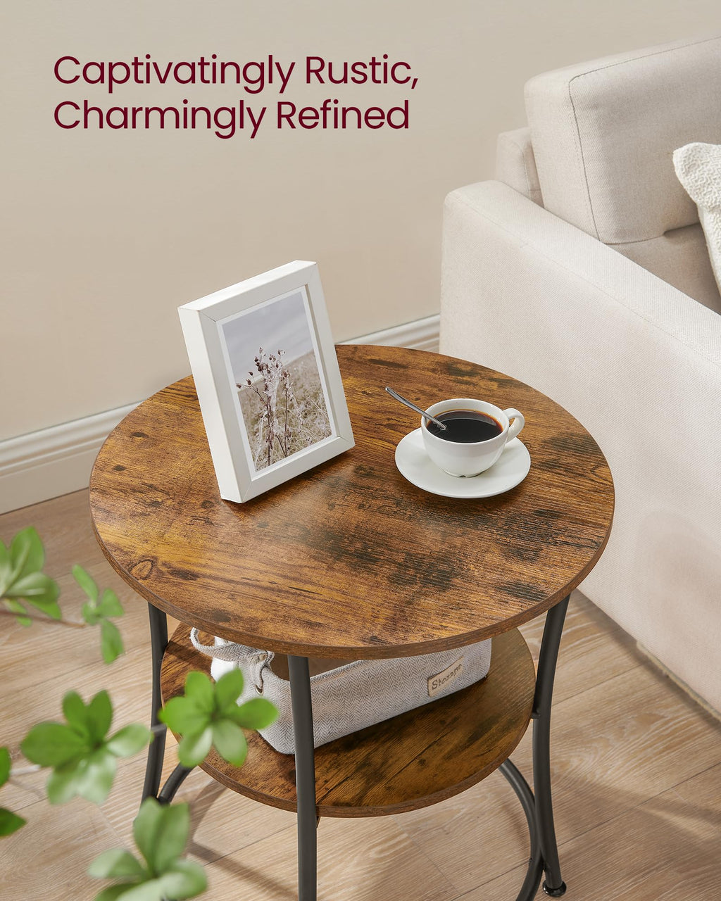 Vasagle Side Table, Round End Table With 2 Storage Shelves For Living Room, Bedroom, Nightstand With Steel Frame For Small Spaces, Accent Coffee Table, Rustic Brown And Ink Black