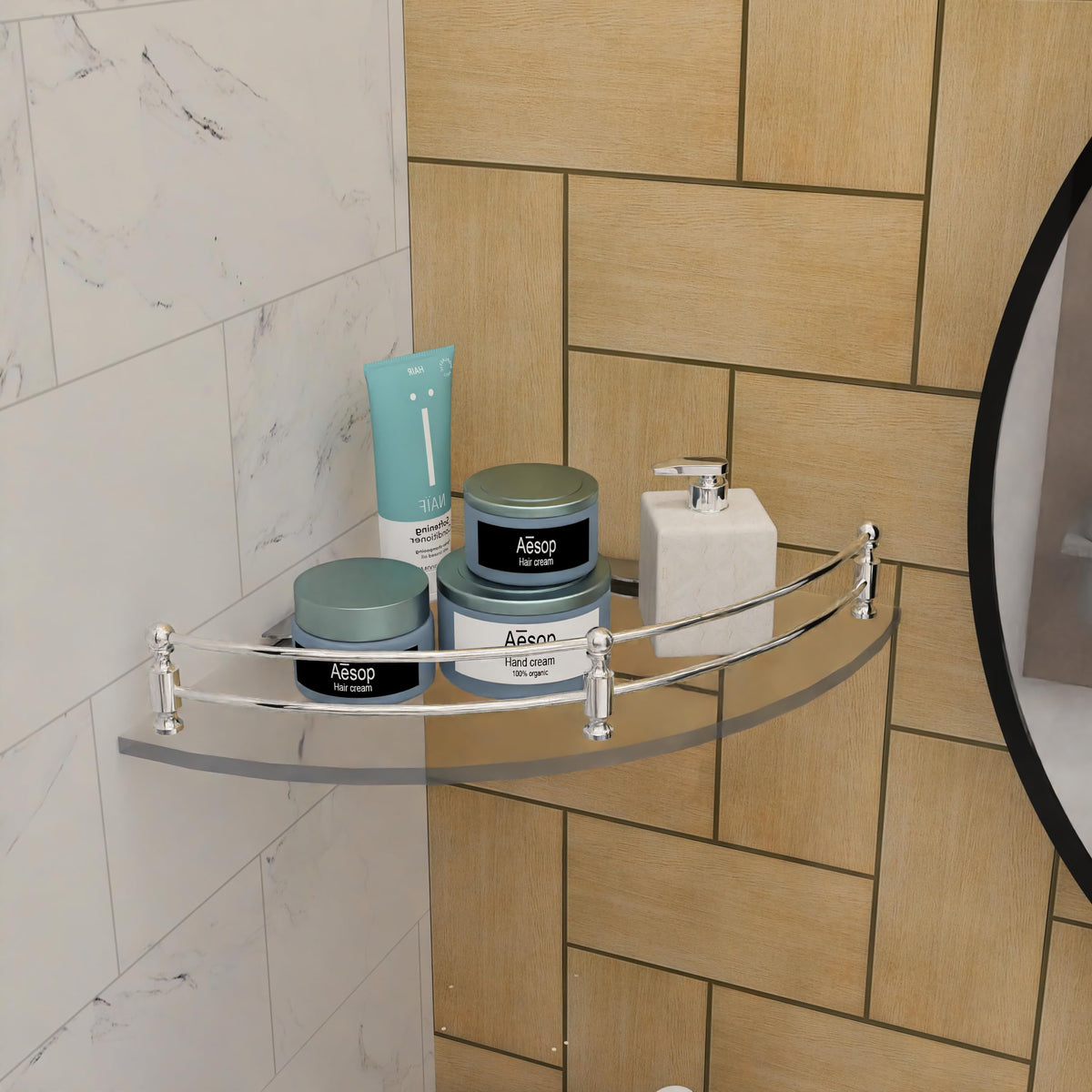 MOTIQO Round Transparent Glass Corner Shelf for Bathroom, Shelf for Wall, Racks and Shelves, Bathroom Organizer and Accessories