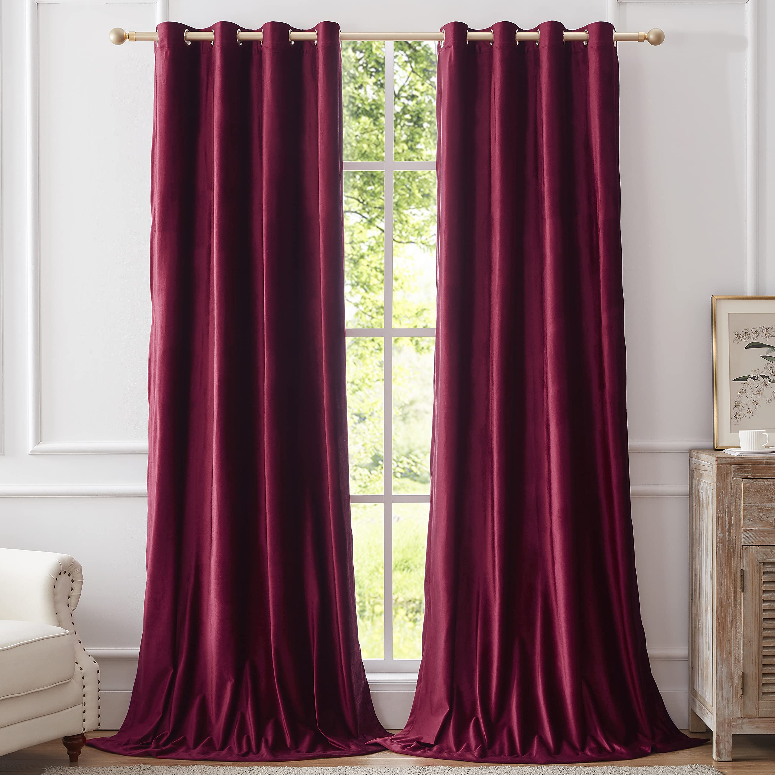 Bulbul Burgundy Curtains 95 Inch Length- Living Room Red Velvet Blackout Window Drapes Curtains Thermal Insulated Room Darkening