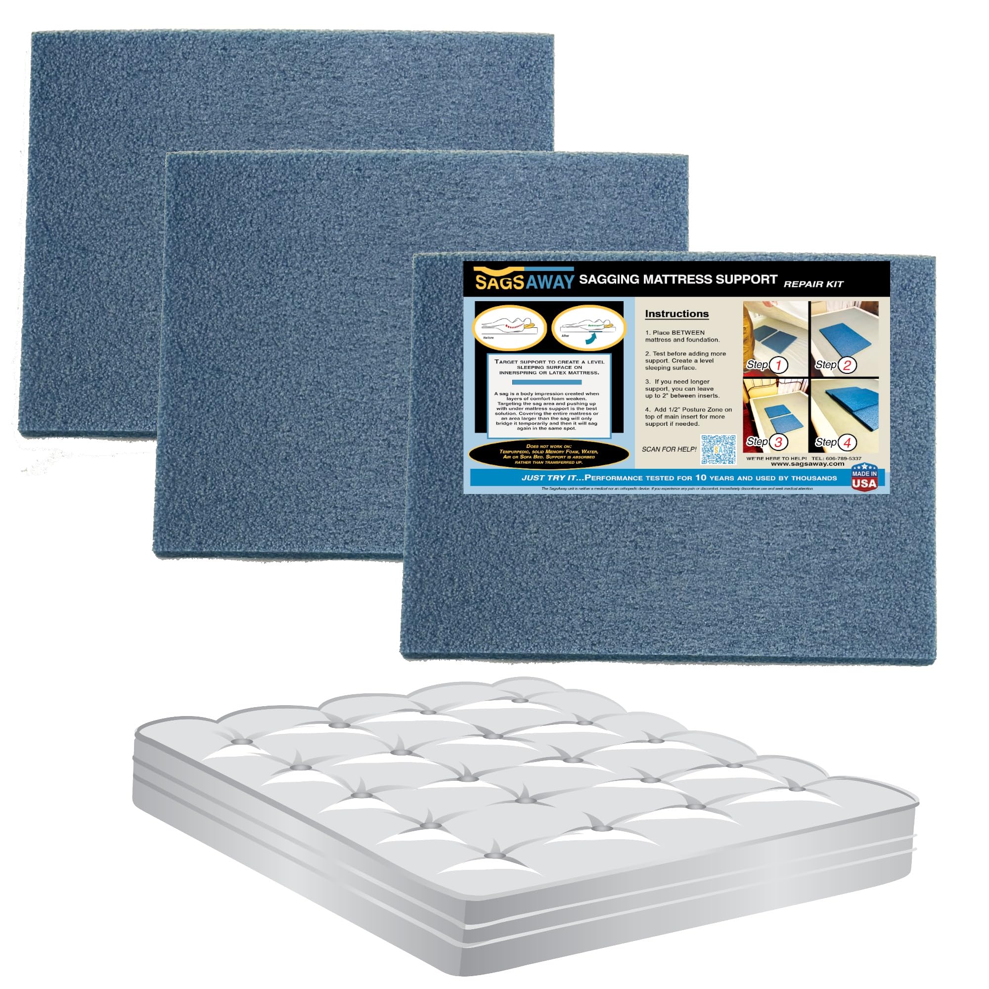 SagsAway Under Mattress 3 Piece Support Kit to Fix Saggy Beds. Firm Foam Sheets Can Be Layered to Repair Any Sagging Twin, Full,