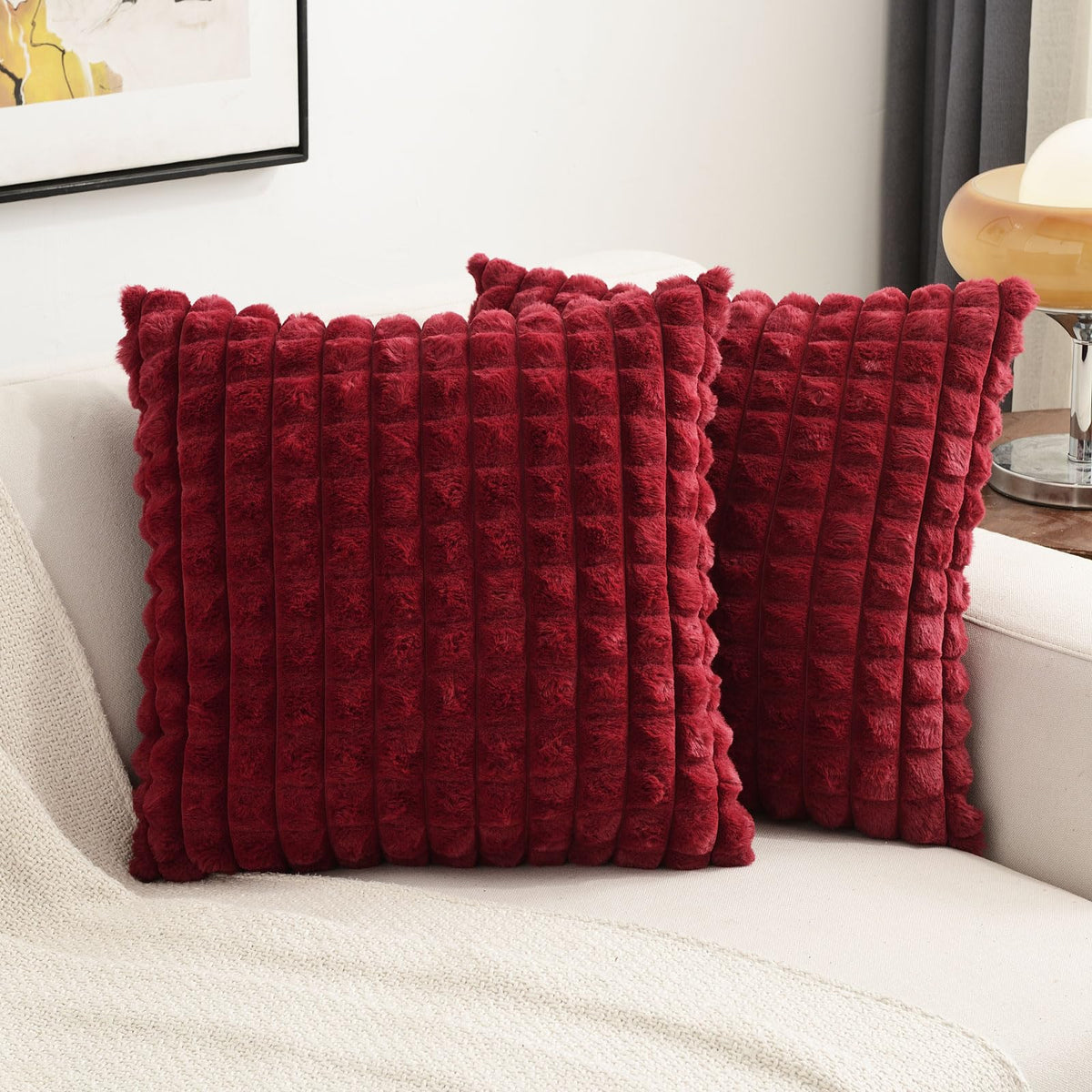 Futei Burgundy Decorative Throw Pillow Covers 22X22 Inch Set Of 2,Wine Red Square Cushion Case,Fluffy Faux Rabbit Fur Plaid & So
