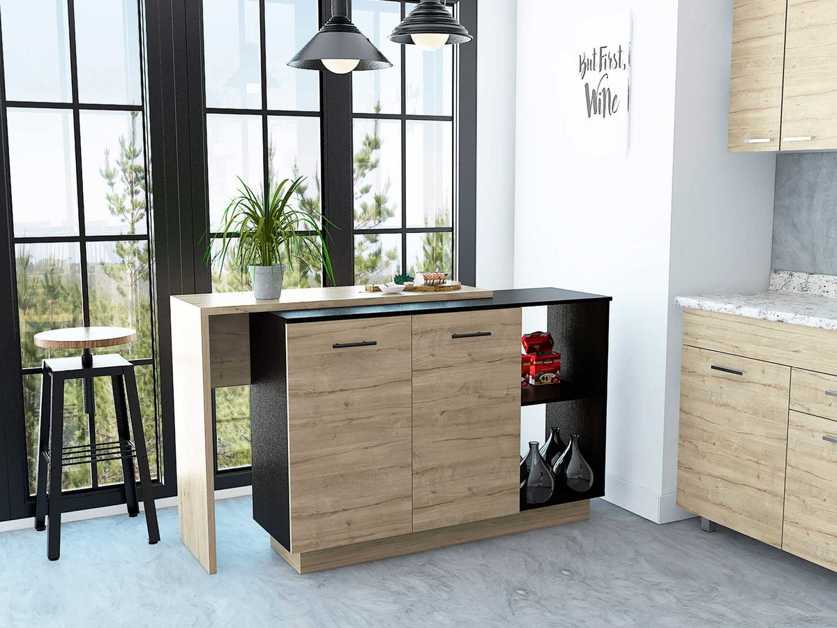 HomeRoots Black Wengue - Light Oak Particle Board Black and Light Oak Contemporary Kitchen Island with Bar Table