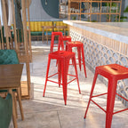 30 Inch Ht Backless Indoor/Outdoor Barstool, Red Metal, Square Seat