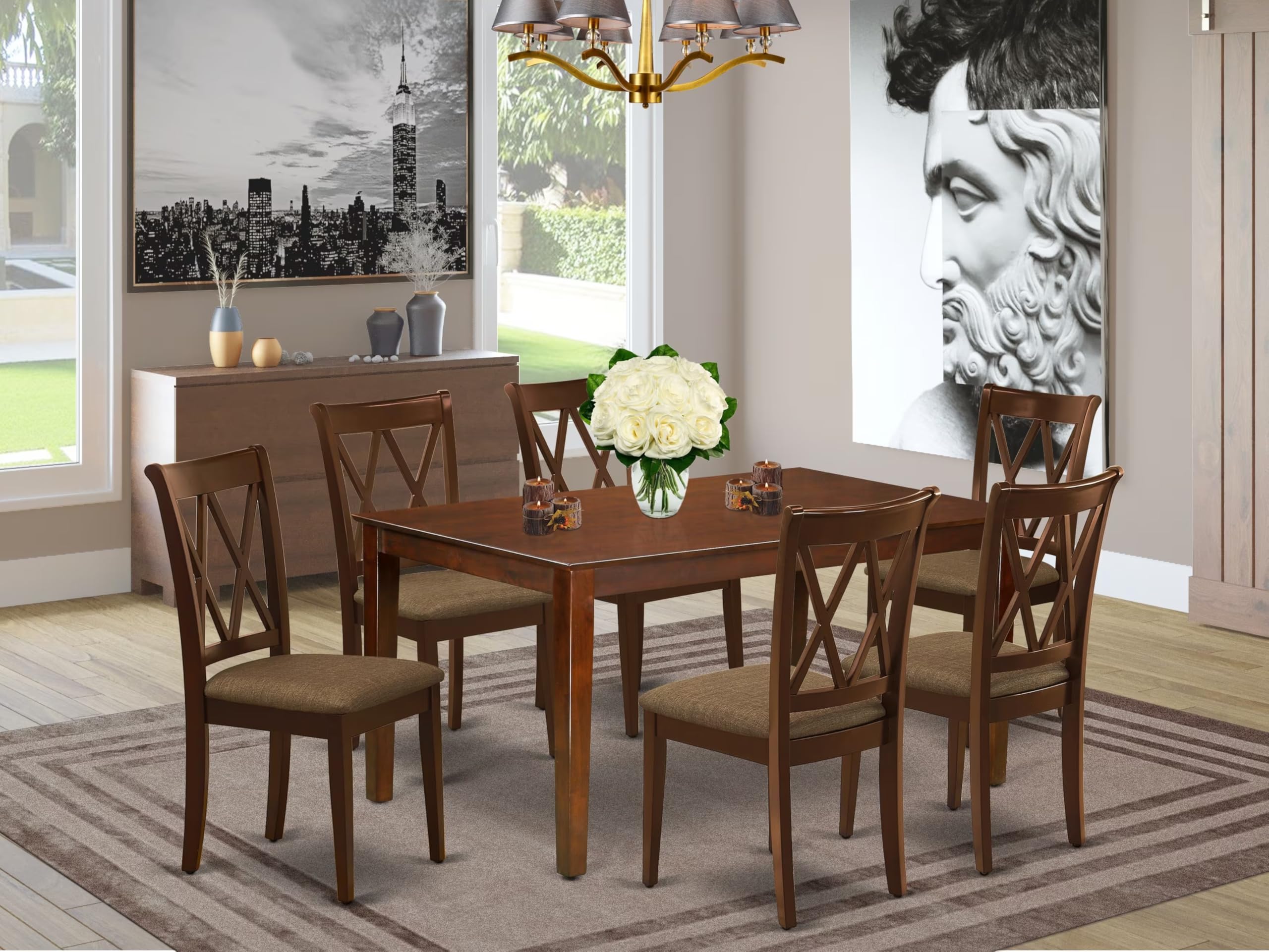 East West Furniture Cacl7-Mah-C 7 Piece Kitchen Table Set Consist Of A Rectangle Dining Table And 6 Linen Fabric Upholstered Dining Chairs, 36X60 Inch, Mahogany