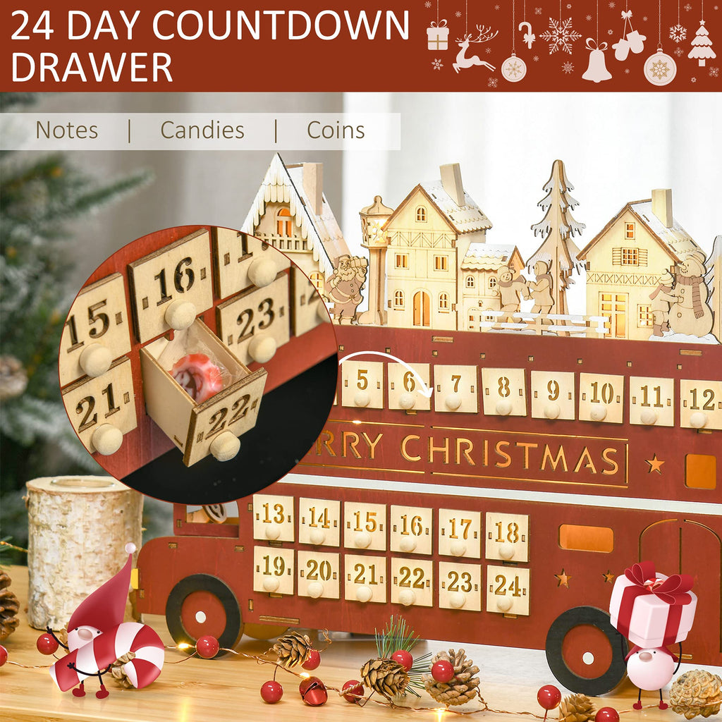 Homcom Christmas Advent Calendar, Light Up Table Xmas Wooden Bus Holiday Decoration With Countdown Drawer, Santa Claus Street Ho