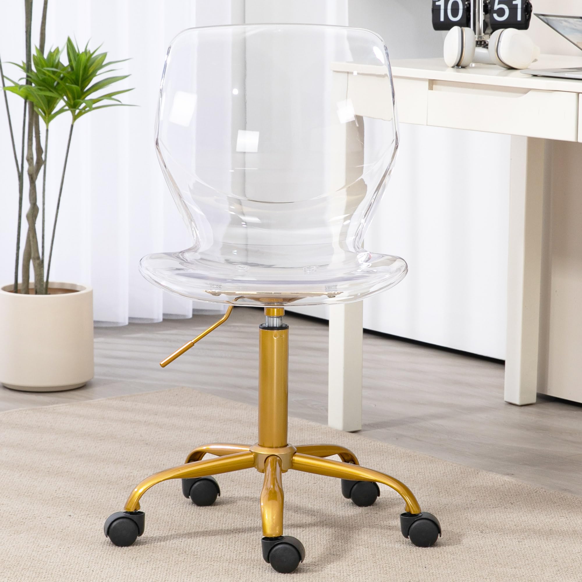 Villeston Acrylic Clear Desk Chair, Modern Small Cute Armless Vanity Rolling Plastic Chair Home Office Lucite Ghost Curved Chair