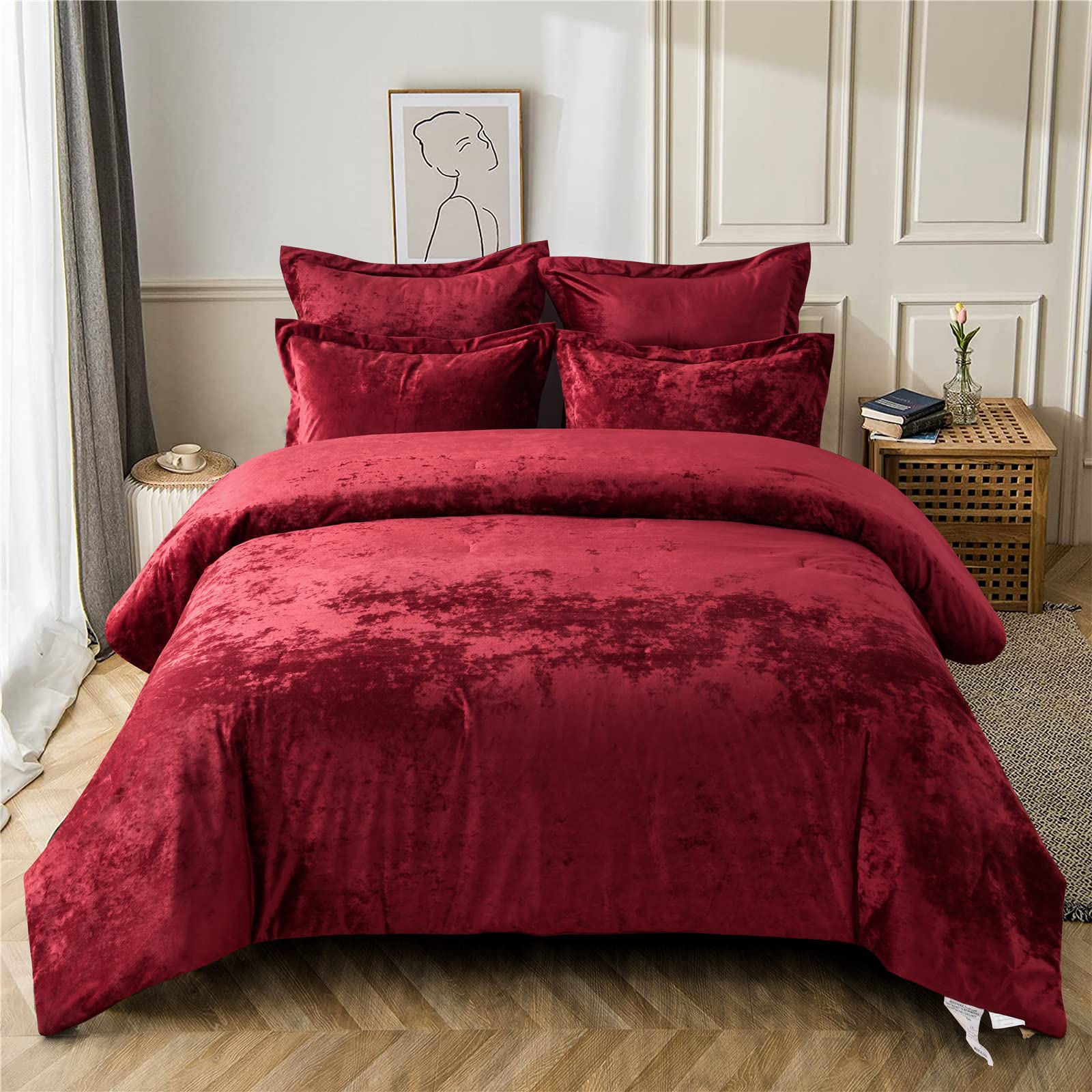 Fredsure Distressed Velvet Comforter Set, 5 Pieces Burgundy Red Queen, Distressed Velvet Face And Brushed Microfiber Reverse