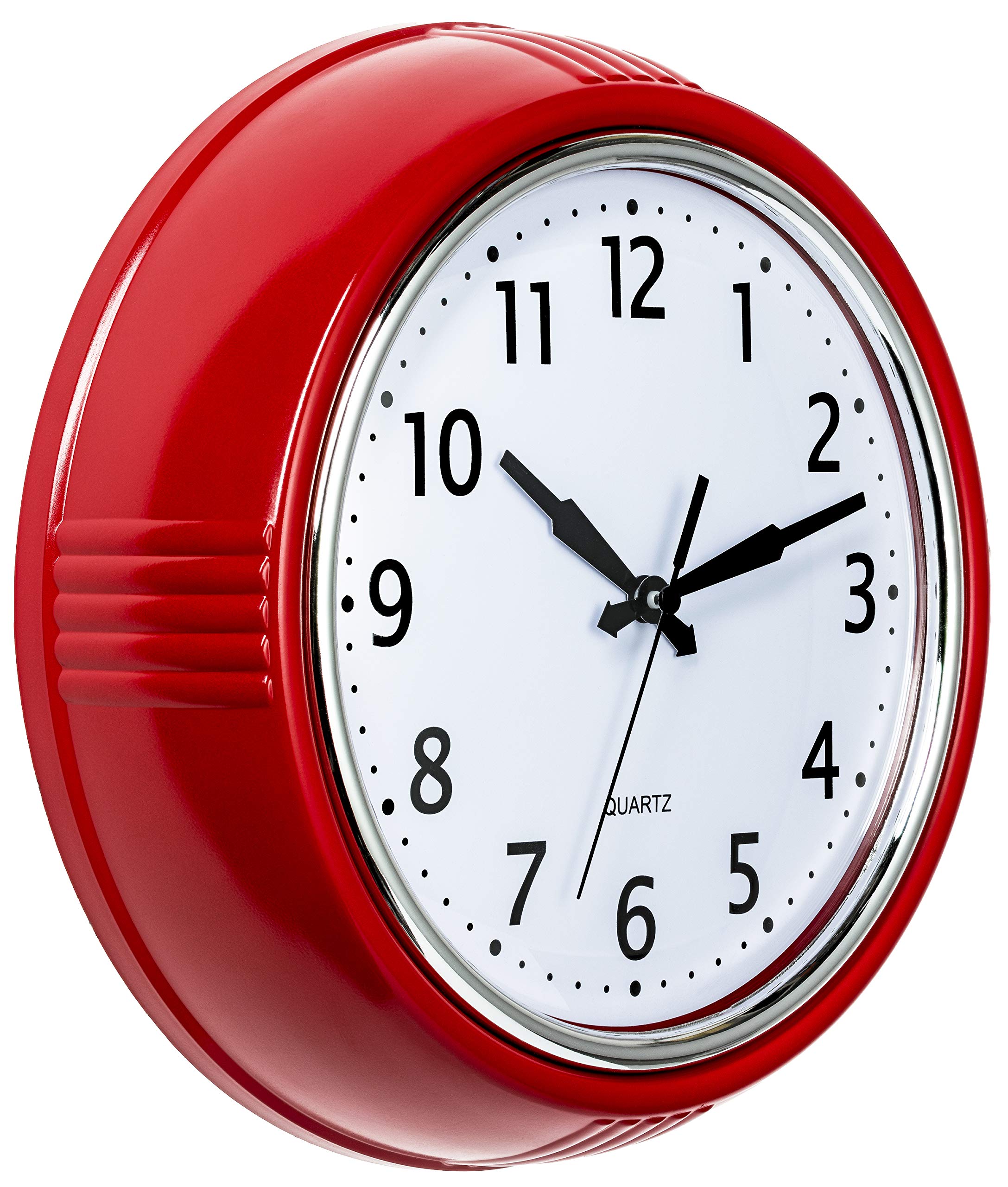 Bernhard Products Retro Wall Clock 9.5 Inch Red Kitchen 50s Vintage Design Round Silent Non Ticking Battery Operated Quality Qu