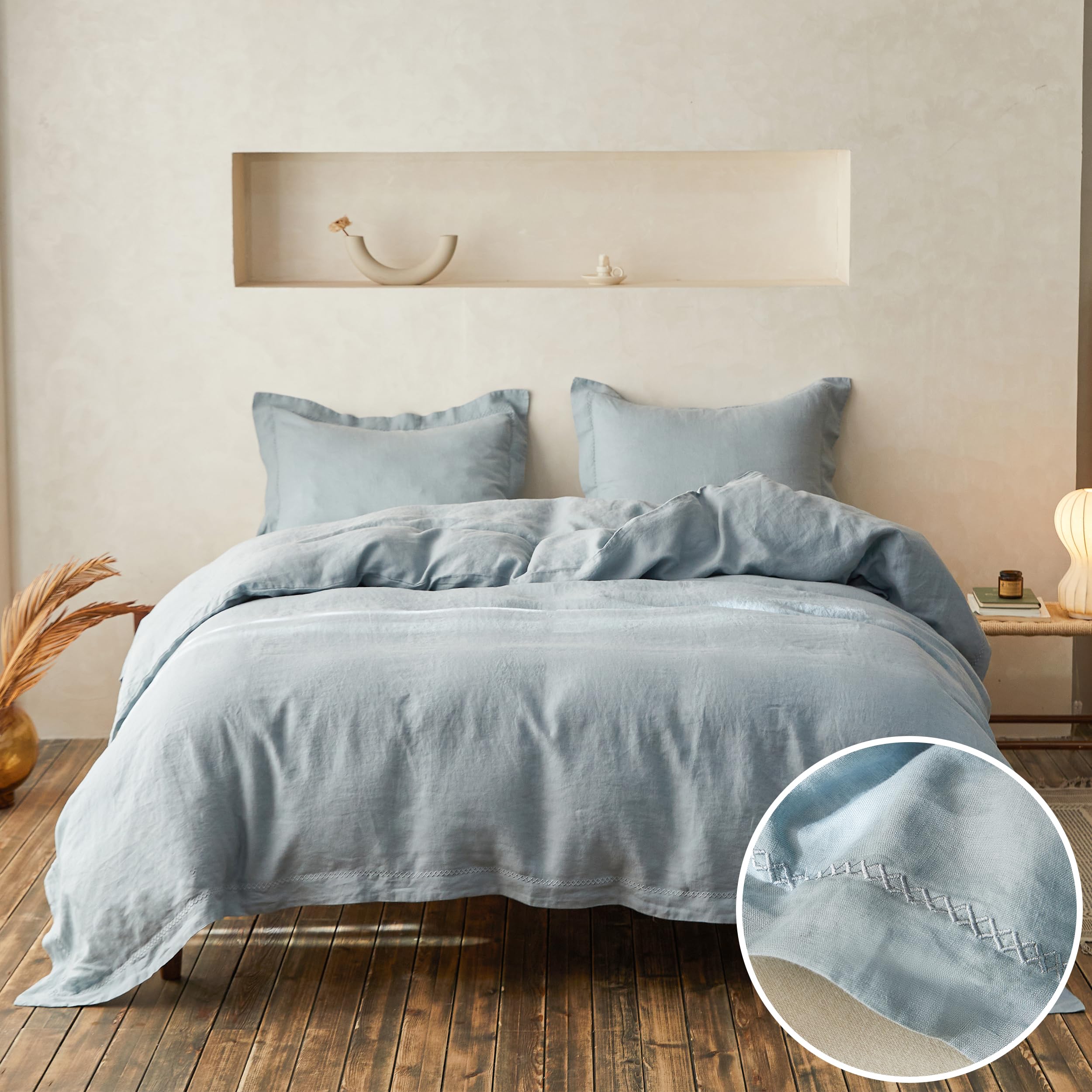 Simple&Opulence 100% Linen Duvet Cover Set With Crossed Embroidery Washed - 3 Pieces (1 Duvet Cover With 2 Pillow Shams) Soft Breathable Farmhouse - Dusty Blue, King Size