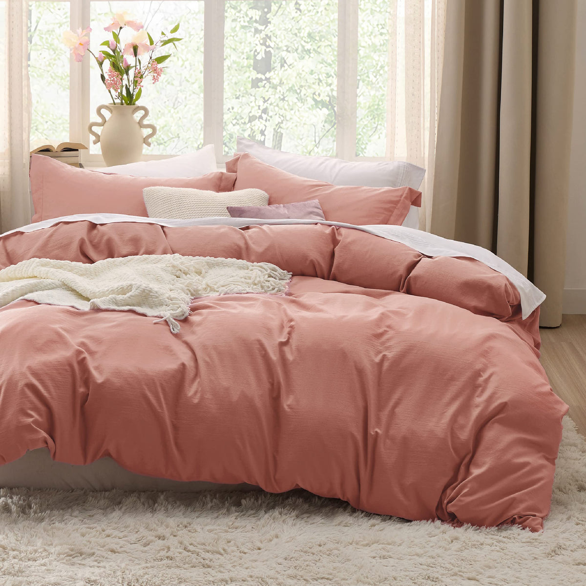 Bedsure Pink Clay Duvet Cover Queen Size - Soft Prewashed Queen Duvet Cover Set, 3 Pieces, 1 Duvet Cover 90X90 Inches With Zippe