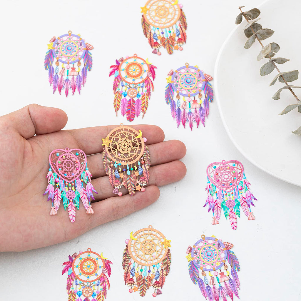 Coligree 16Pcs Colorful Dreamcatcher Charms Multicolor Hollow Dream Catcher Filigree Pendants For Earrings Jewelry Bookmark Hang