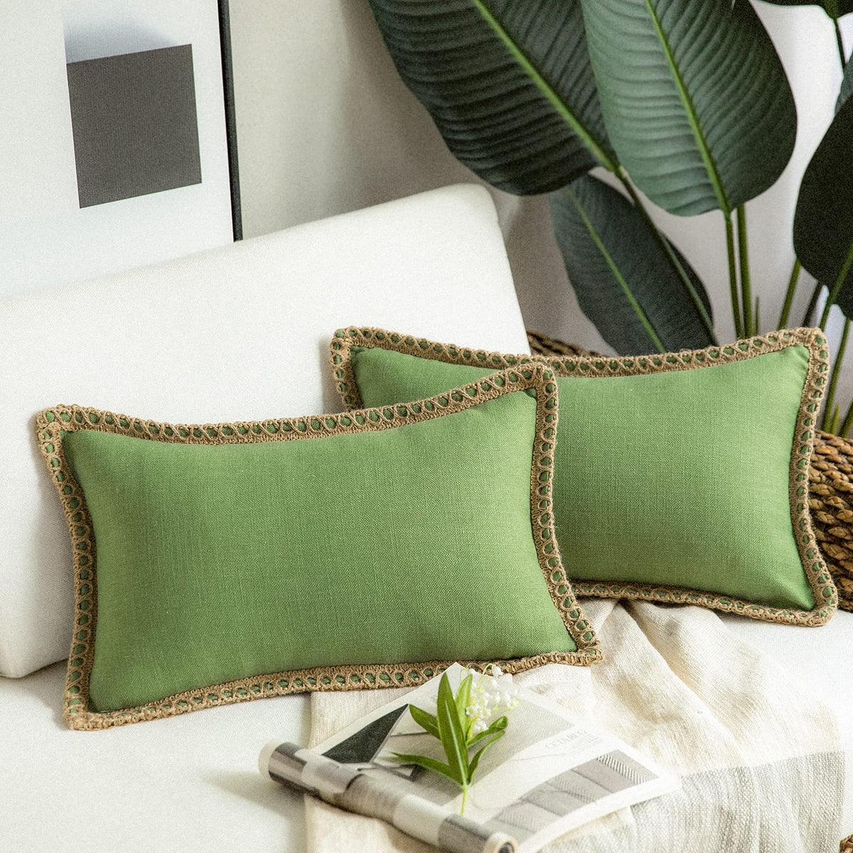 Phantoscope Pack Of 2 Farmhouse Decorative Throw Decorative Pillow Cover Burlap Linen Pillow Covers Trimmed Tailored Edges Green, Plain, 12 X 20 Inches, 30 X 50 Cm