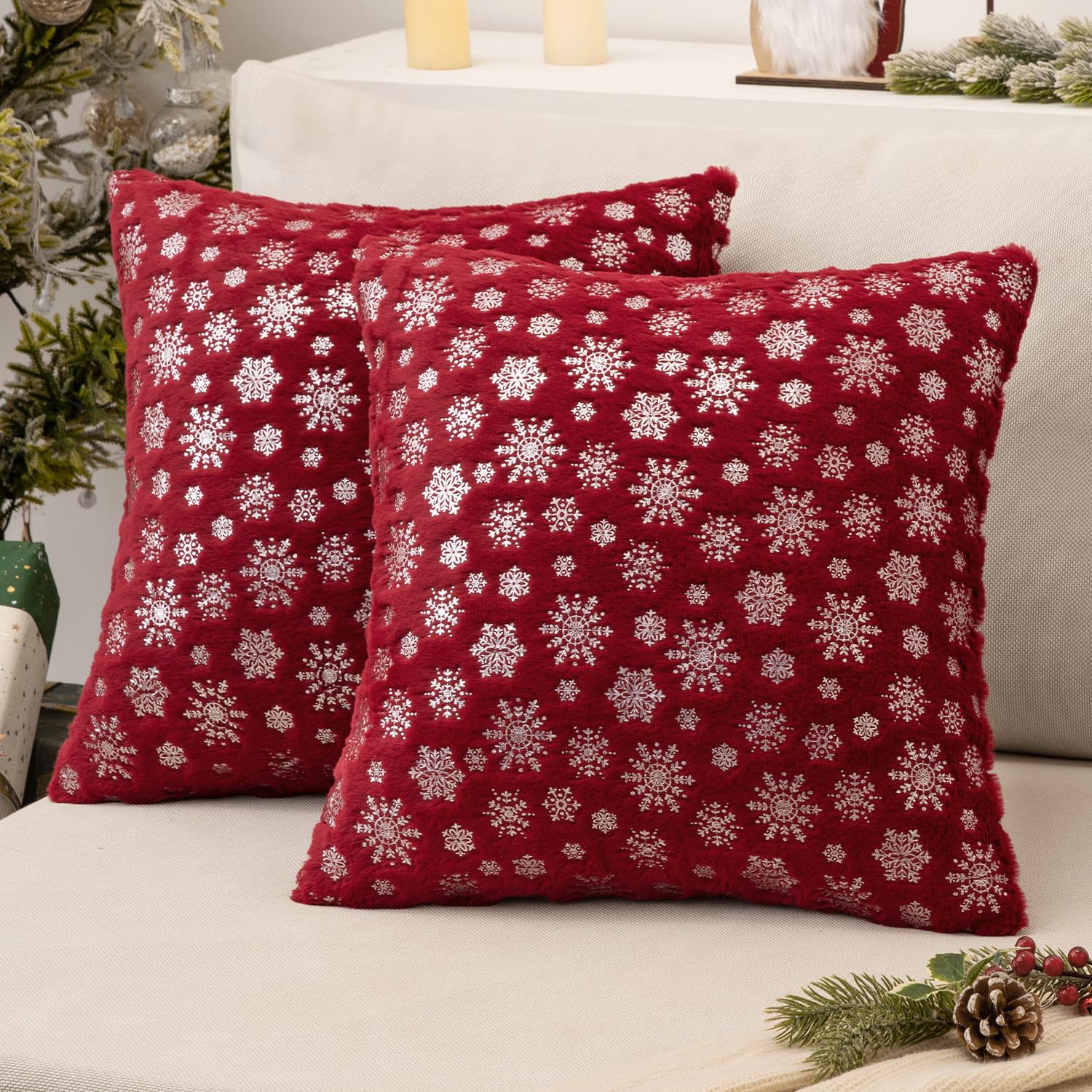 Miulee Christmas Burgundy Throw Pillow Covers Set Of 2 Snowflakes Decorative Pillow Covers 20X20 Inch Soft Plush Faux Fur Pillow