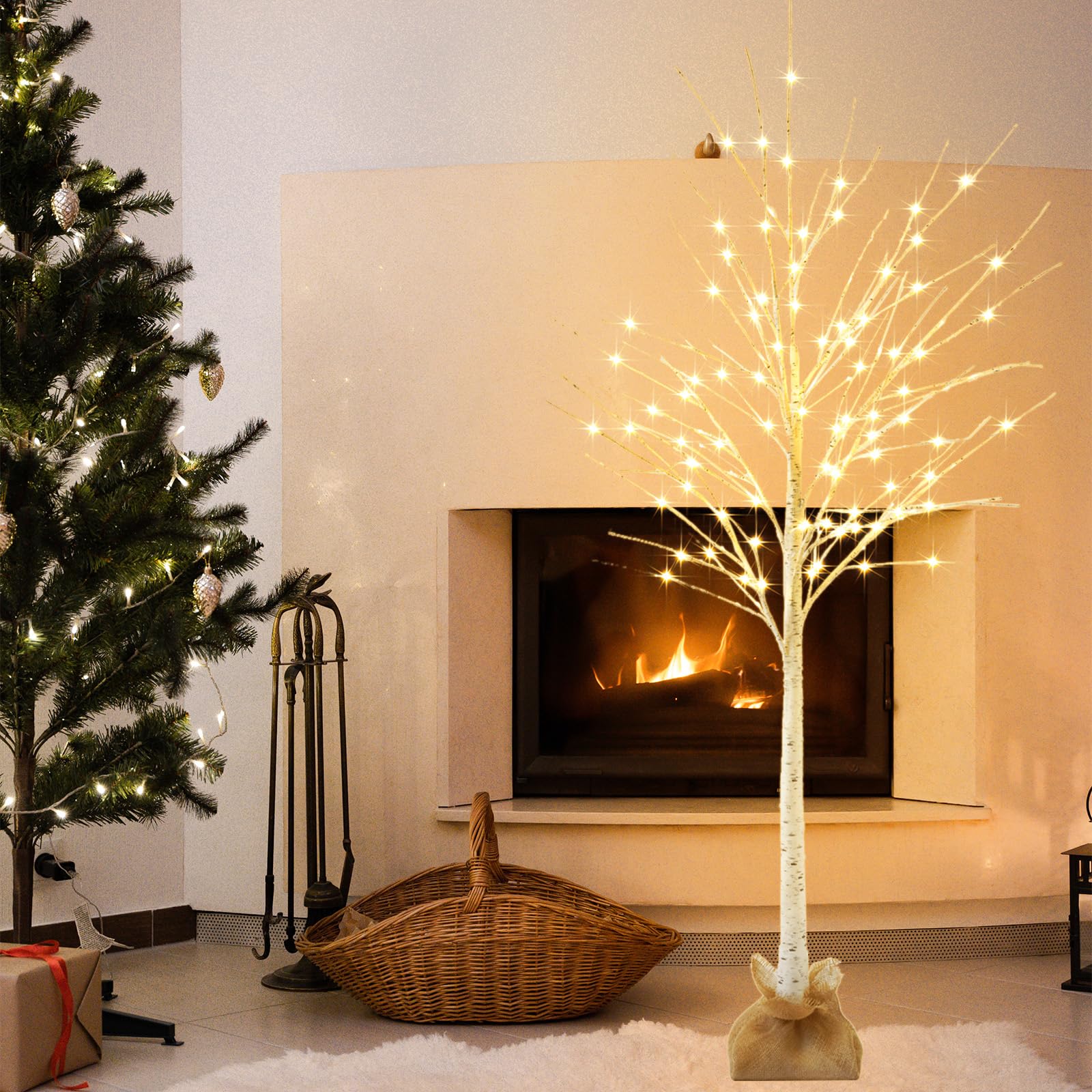 Holilluma Lighted Brich Tree, 6Ft 128 Led Christmas Tree With Burlap Decor, Warm White, Ip44 Waterproof, Power Supply By Adaptor