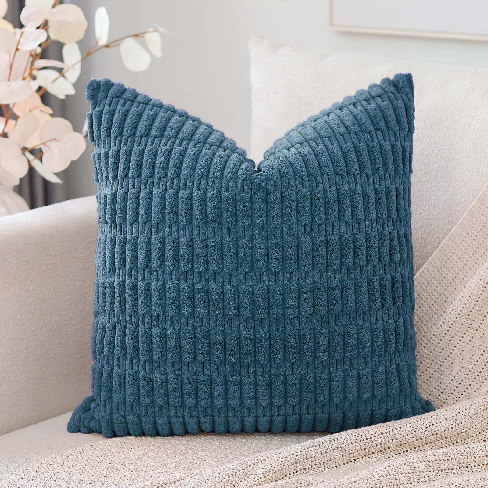 Otostar Corduroy Decorative Throw Pillow Covers 24X24 Inch Super Soft Boho Striped Square Pillow Covers Case Modern Cushion Covers For Sofa Couch Bedroom Car Decor Teal