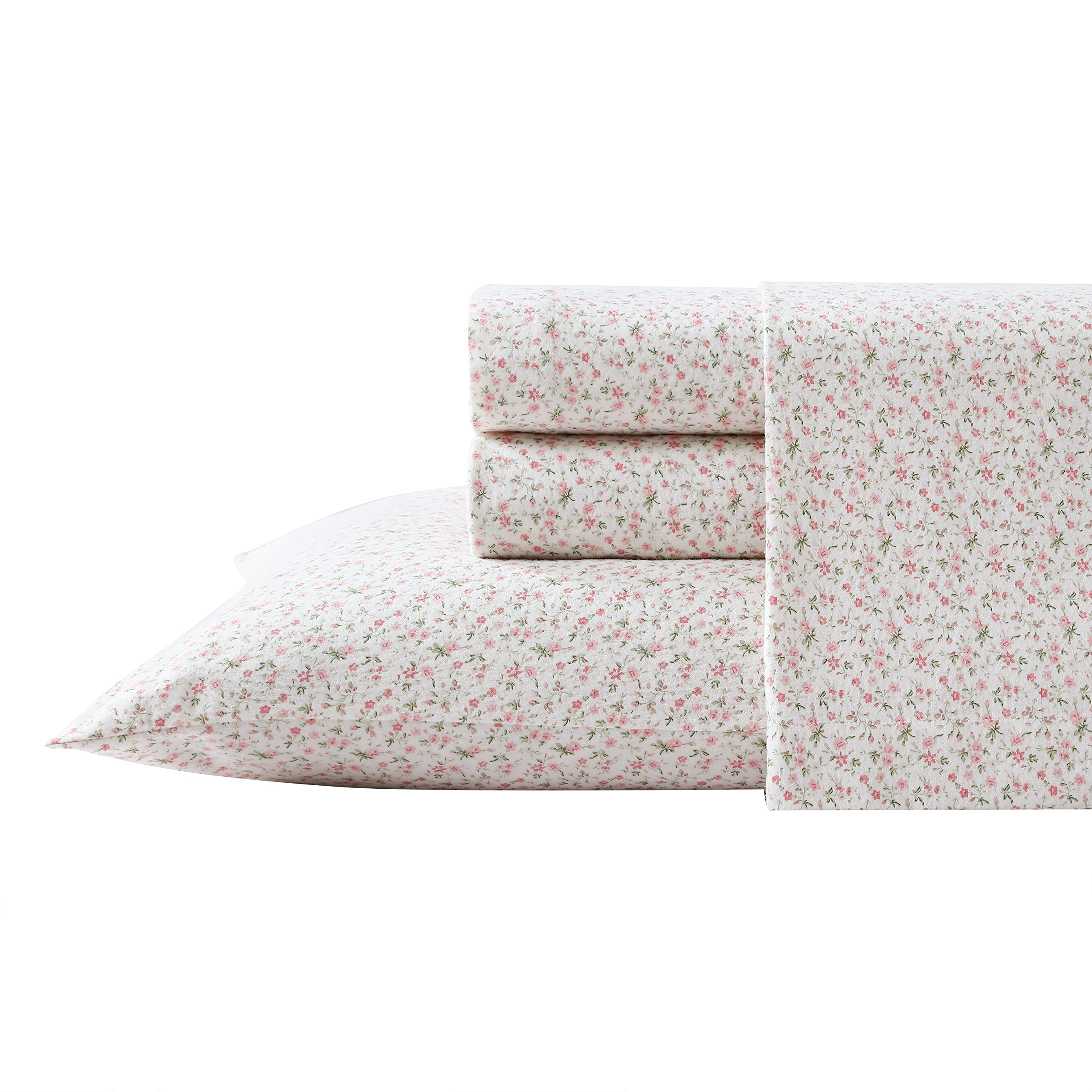 Laura Ashley Home - Queen Sheets, Cotton Flannel Bedding Set, Brushed For Extra Softness & Comfort (Evie Pink, Queen)