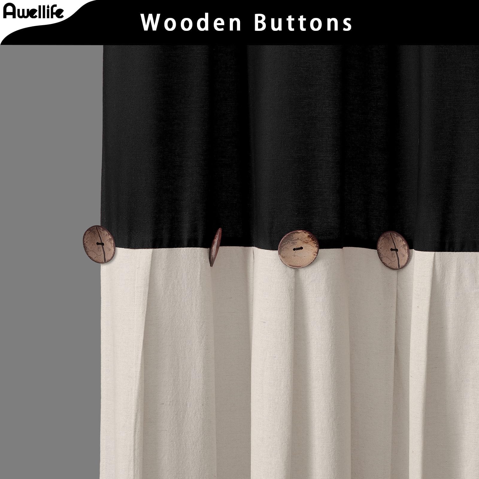 Awellife Linen Button Farmhouse Beige Shower Curtain,Linen And Cotton Woven Fabric,Pleated Brown Stripe,Country Style (Black & Cream, 78' L X 72' W)