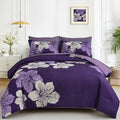 Luxudecor Dark Purple Comforter Set Queen Size, 7 Pieces Bed In A Bag Purple Floral Comforter And Sheet Set, Soft Microfiber Com
