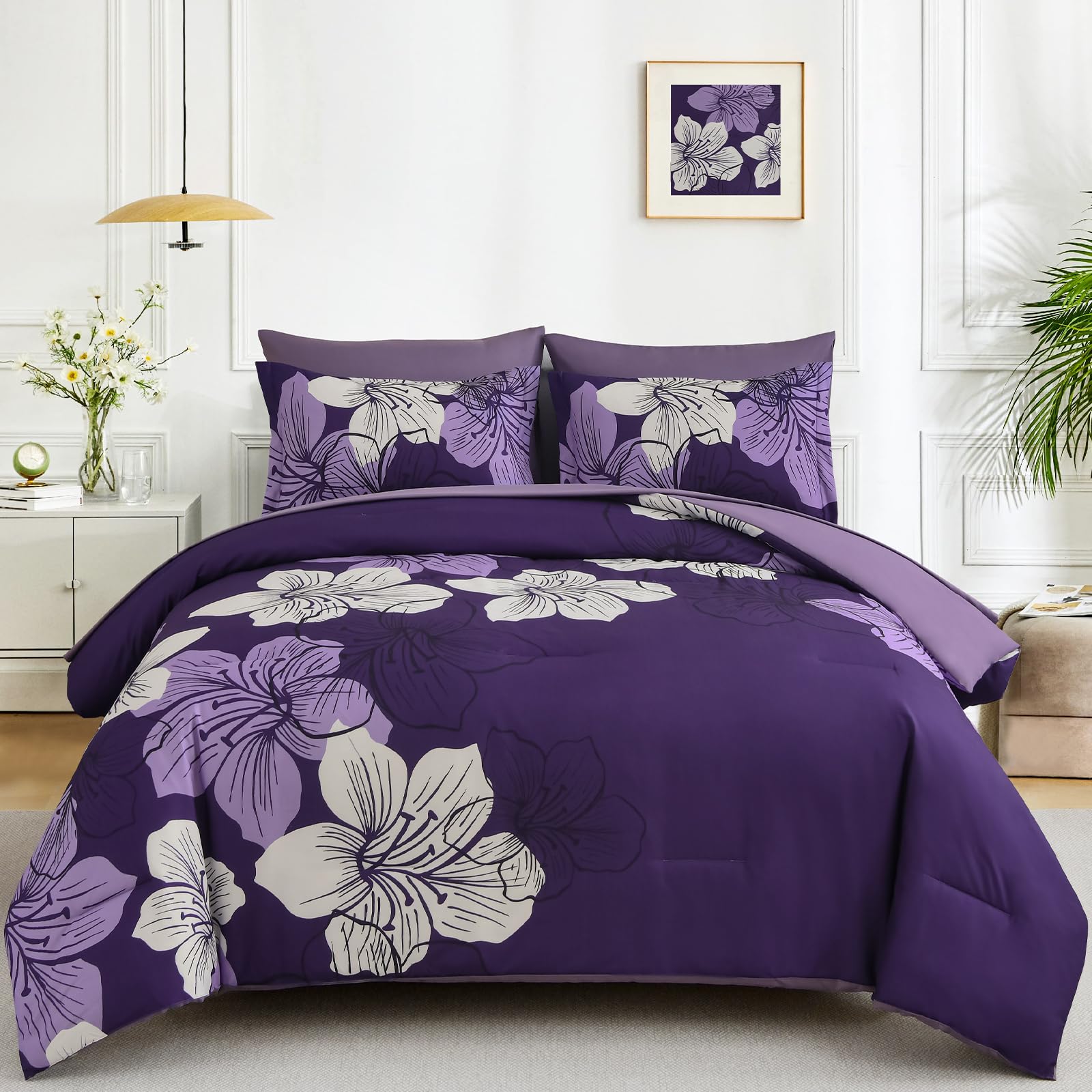 Luxudecor Dark Purple Comforter Set Queen Size, 7 Pieces Bed In A Bag Purple Floral Comforter And Sheet Set, Soft Microfiber Com