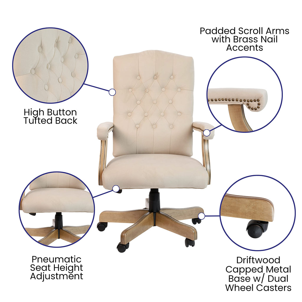 Flash Furniture Derrick Traditional Microfiber Tufted Swivel Office Chair with Wood Base, Ergonomic Farmhouse High-Back Desk Chair, Ivory/Brown
