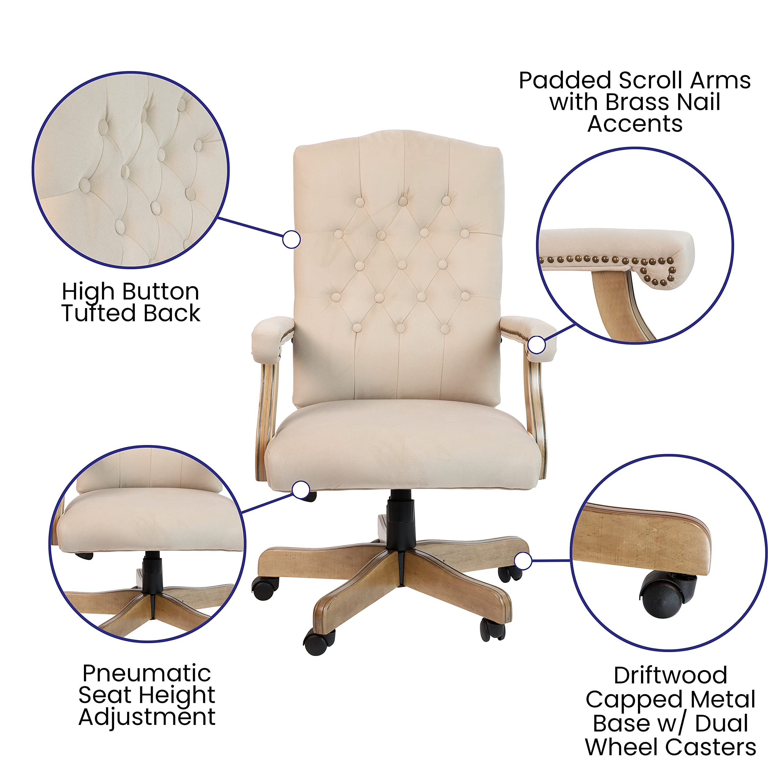 Flash Furniture Derrick Traditional Microfiber Tufted Swivel Office Chair with Wood Base, Ergonomic Farmhouse High-Back Desk Chair, Ivory/Brown