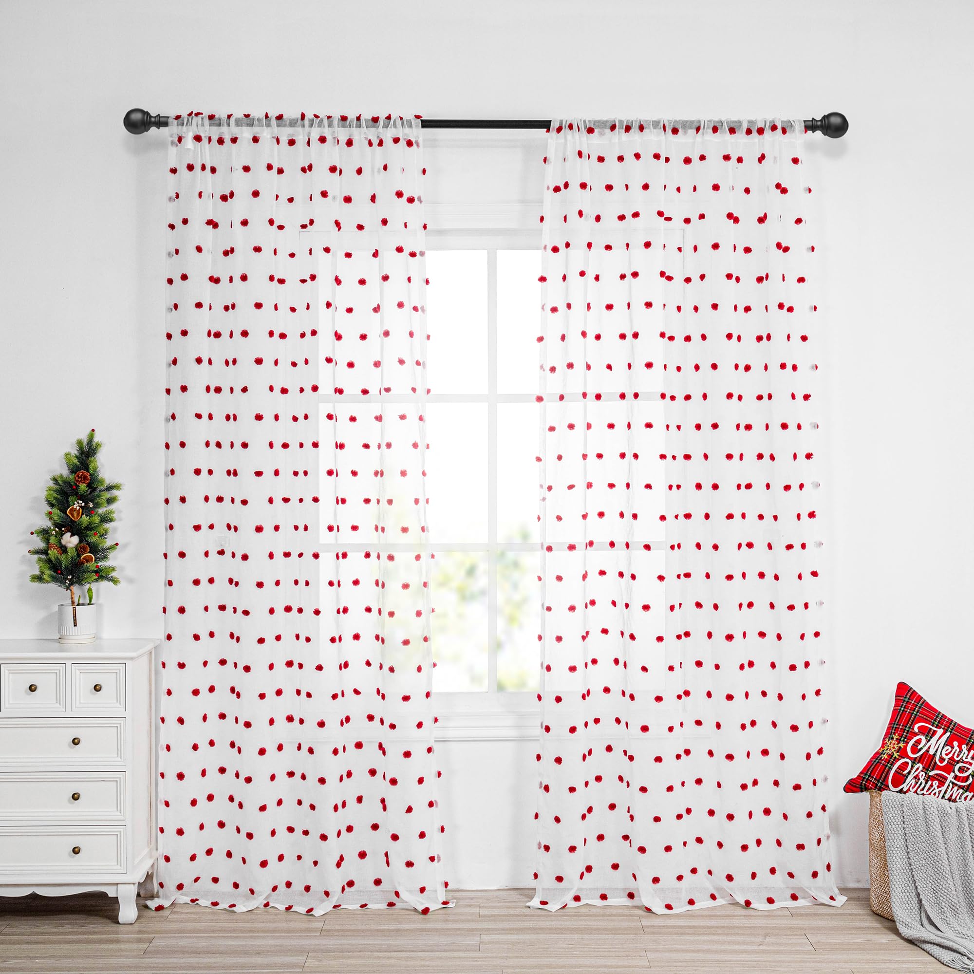 Mysky Home 95 Inch Long Christmas Curtains For Living Room Sliding Door Red Pom Pom White Shher Curtains For Bedroom Large Window Panels Dining Room Rod Pocket Privacy Protect 2 Sets 52' X 95'
