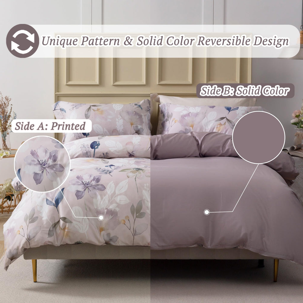 Mildly 100% Long-Staple Cotton Duvet Cover Set Light Gray Pink Floral Leaf Pattern Printed Comforter Cover 3Pcs, Ultra Soft & Br