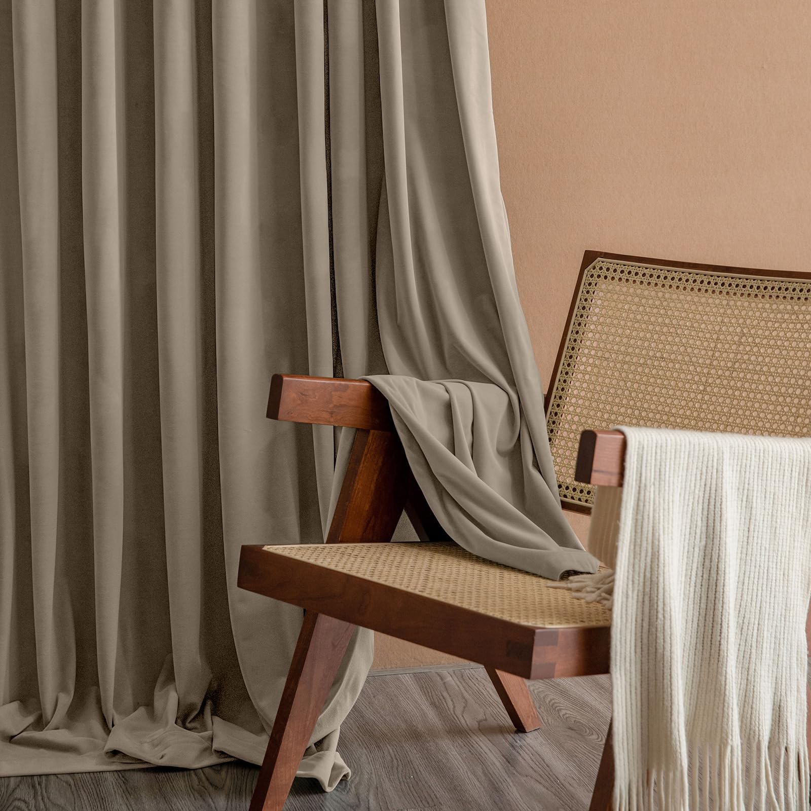 Lazzzy Tan Velvet Curtains Room Darkening Thermal Insulated Curtains 84 Inch Length Soundproof Noise Reducing Drapes For Bedroom Living Privacy Home Decor Rod Pocket, 2 Panels