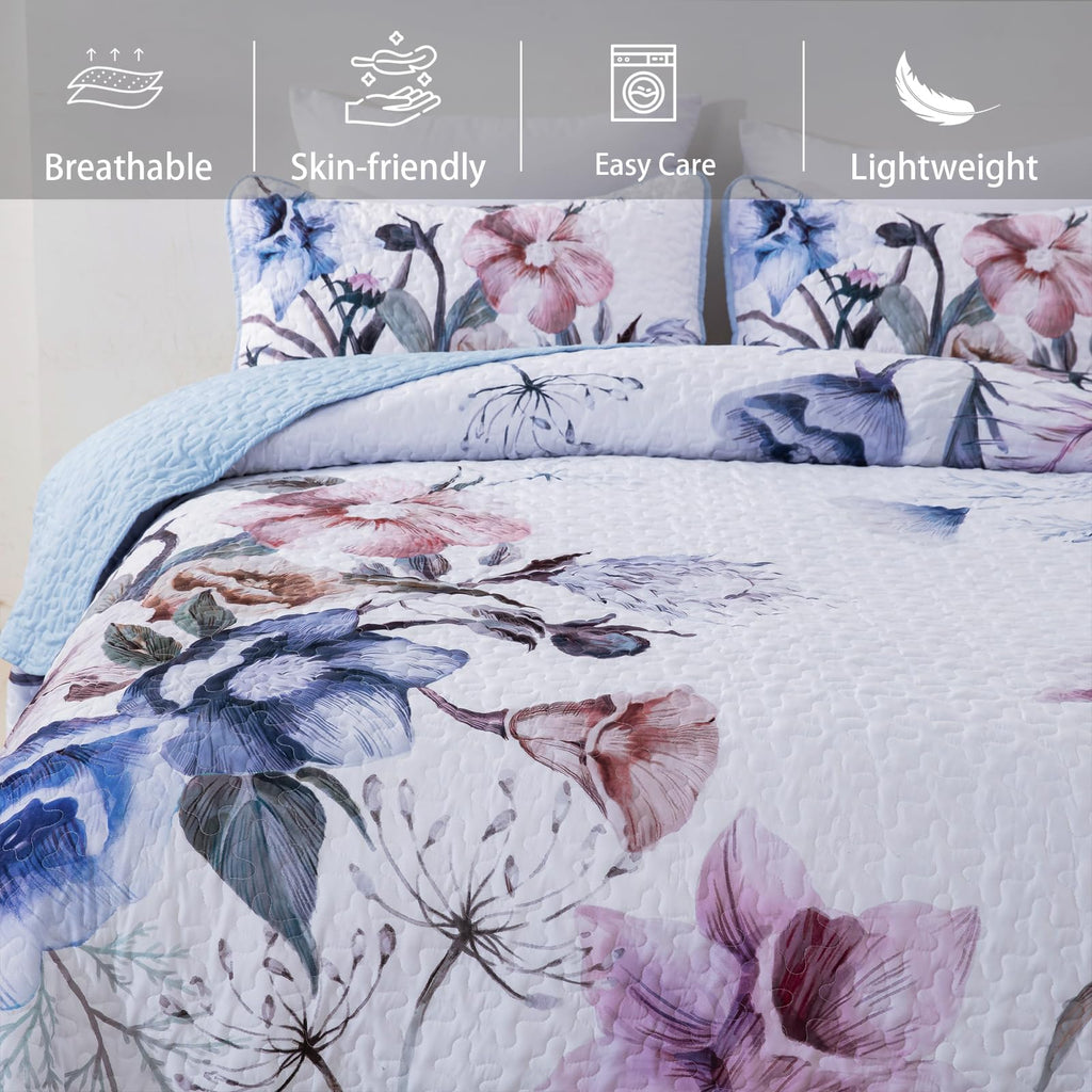 Drucon Floral Quilt Set King 3 Pieces Light Blue Floral Quilt Coverlet Set Soft Microfiber Lightweight Light Blue Quilted Bedspr