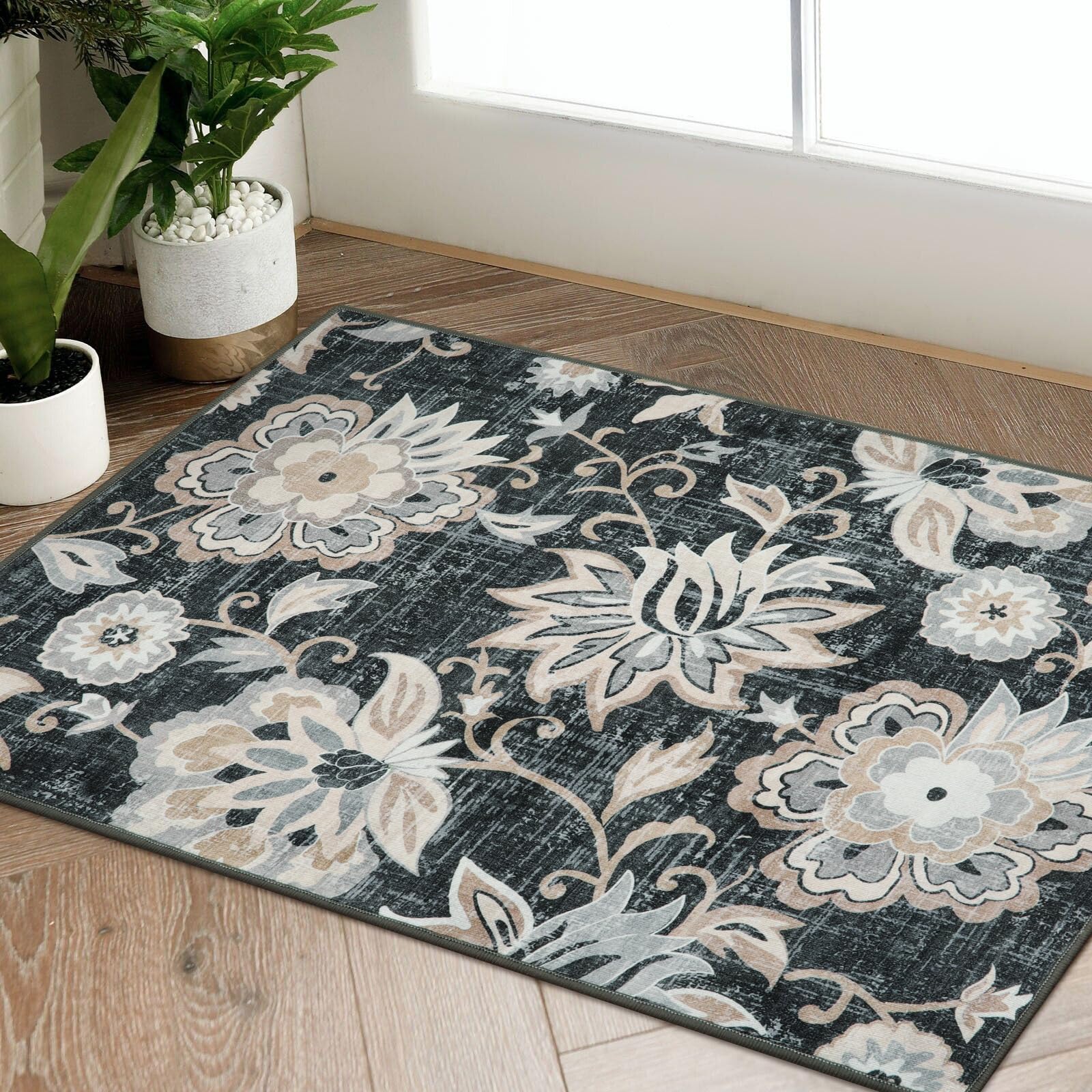 Beeiva Floral Throw Entryway Rugs Indoor, 2x3 Black Ultra Thin Washable Kitchen Rugs Non Slip Entry Rugs for Inside House, Vinta