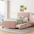 Merax Twin Size Velvet Upholstered Platform Bed, Wood Bed Frame with Twin Size Trundle, Pink
