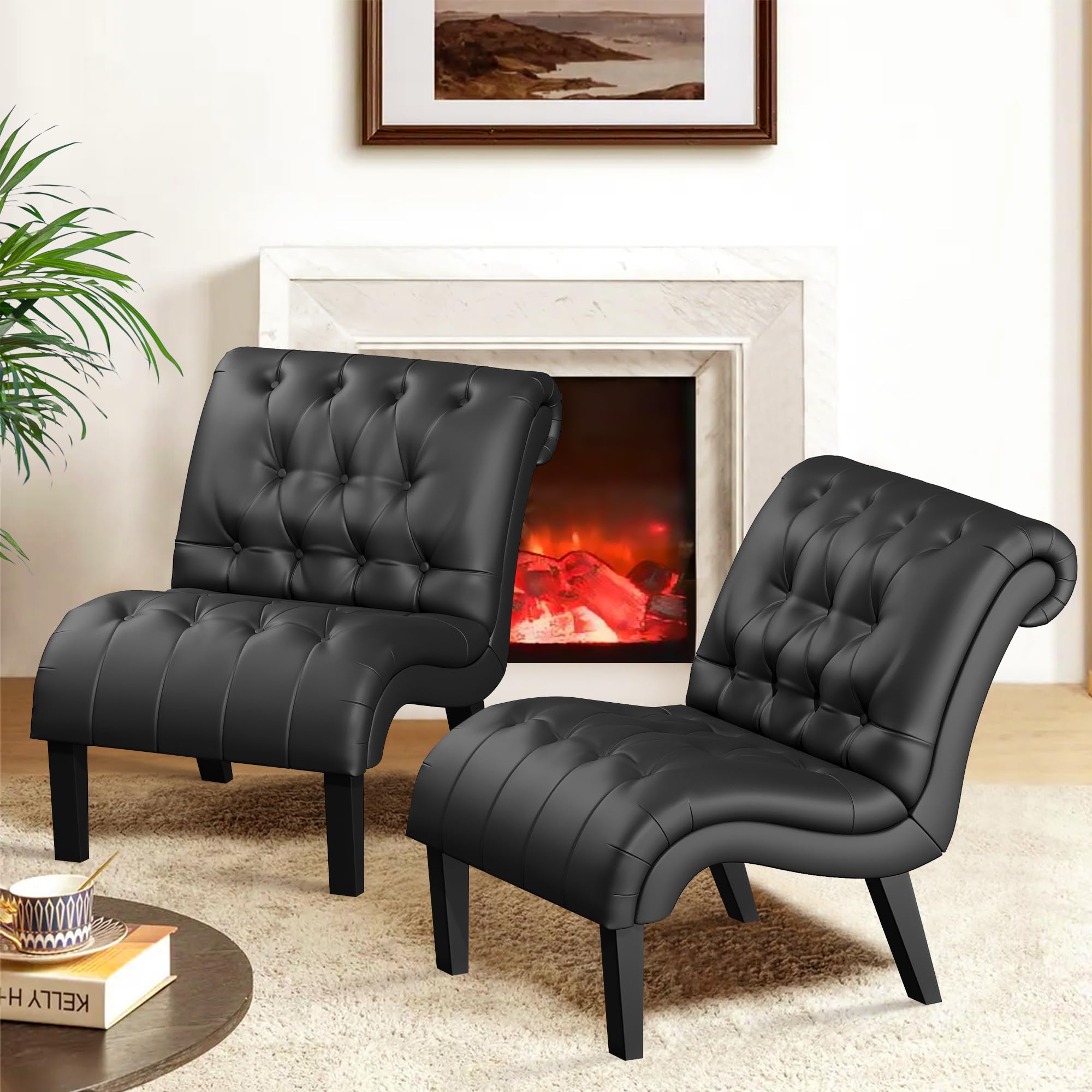 Yongqiang Pu Leather Accent Chairs Set Of 2 Button Tufted Upholstered Modern Armless Lounge Chair For Bedroom Living Room Chairs
