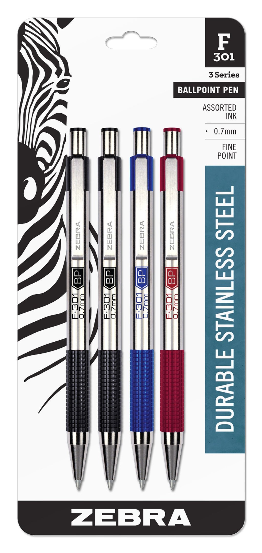 Zebra F-301 Stainless Steel Retractable Ballpoint Pens, Fine Point, 0.7 Mm, Stainless Steel Barrel, Assorted Ink Colors, Pack Of