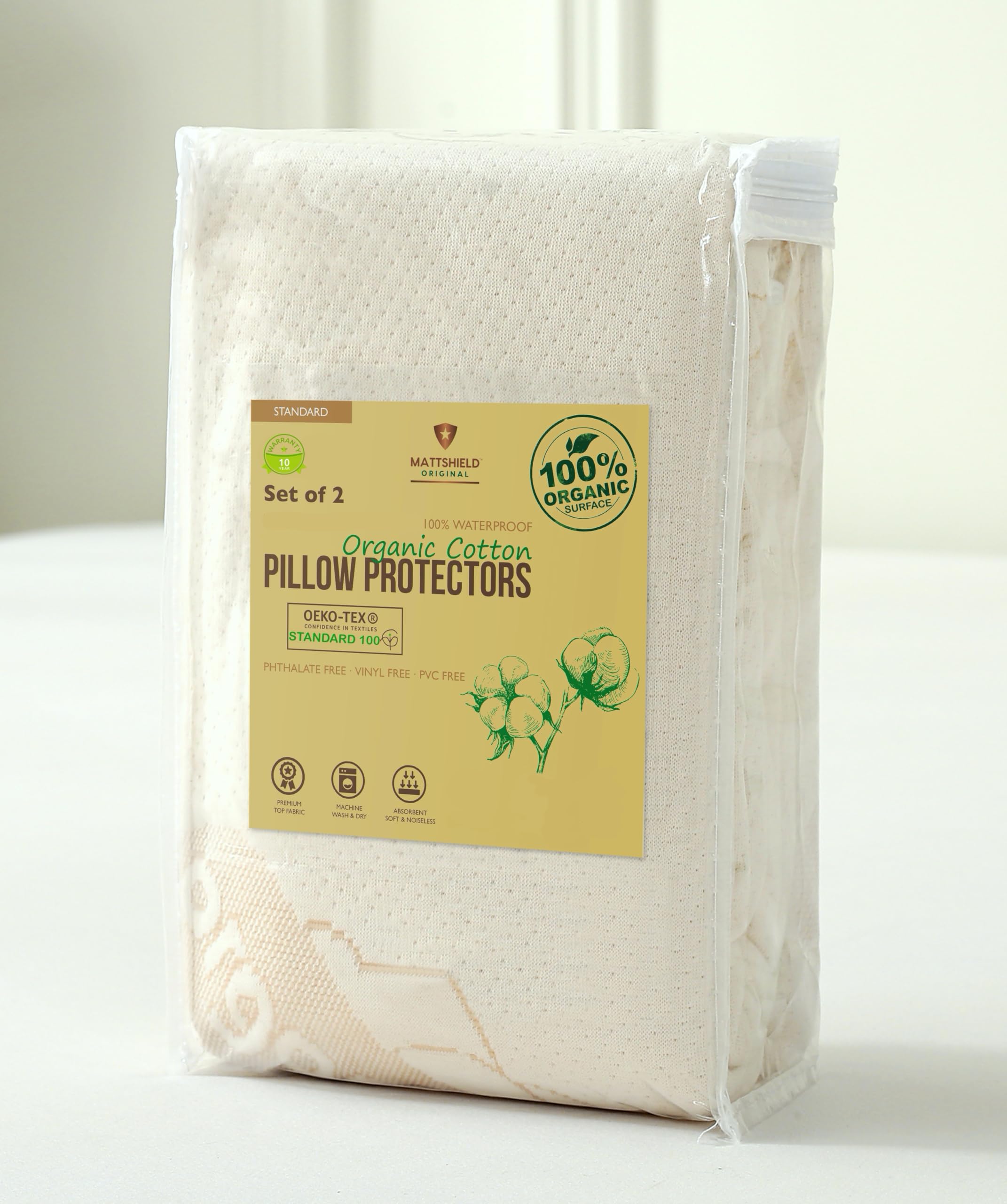 2-Pack Deluxe Organic Cotton Pillow Protectors - Standard - Certified Organic Cotton, Waterproof, Zippered Encasement, Soft Knit