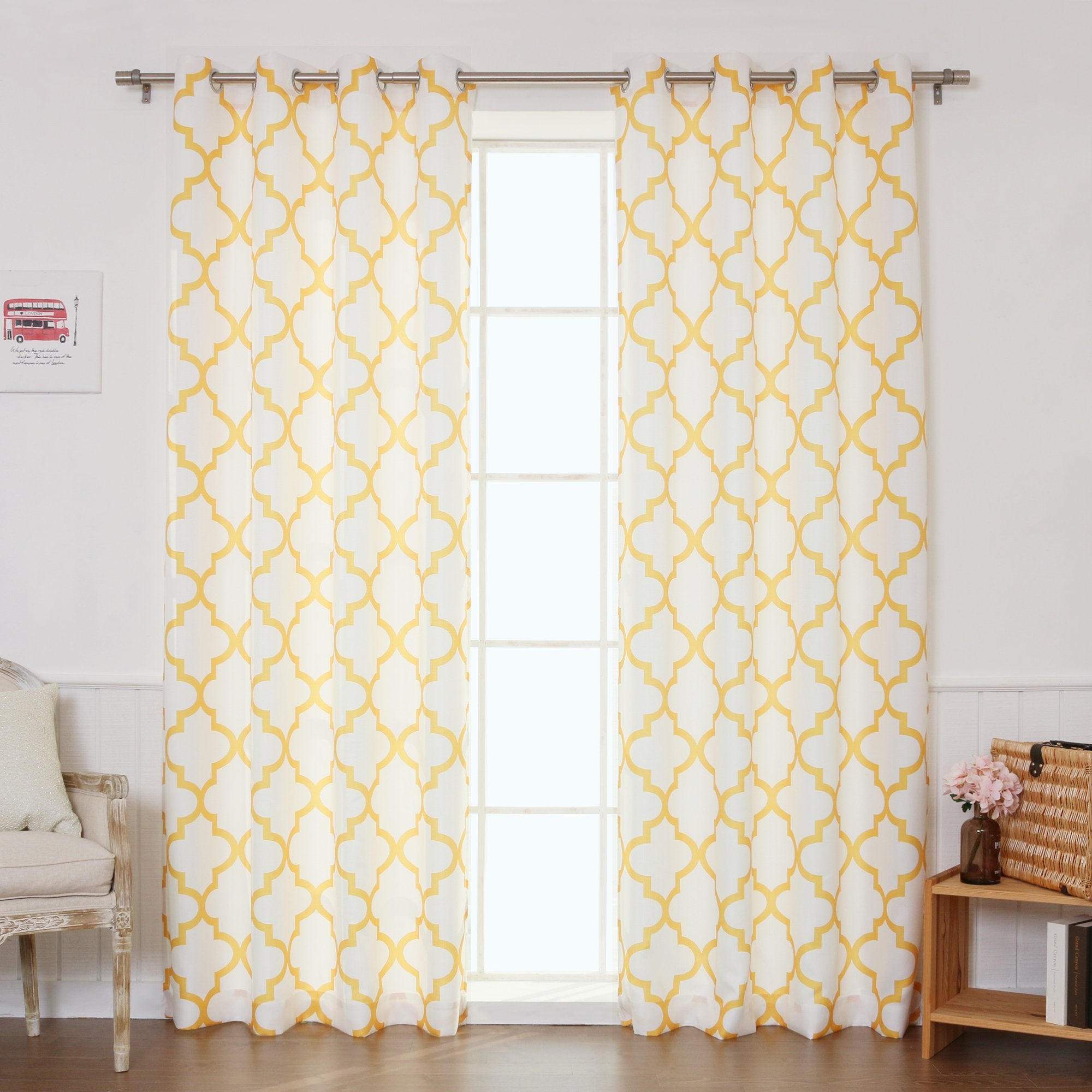 Best Home Fashion Oxford Basketweave Reverse Moroccan Print Curtains - Stainless Steel Nickel Grommet Top - Yellow - 52' W X 84