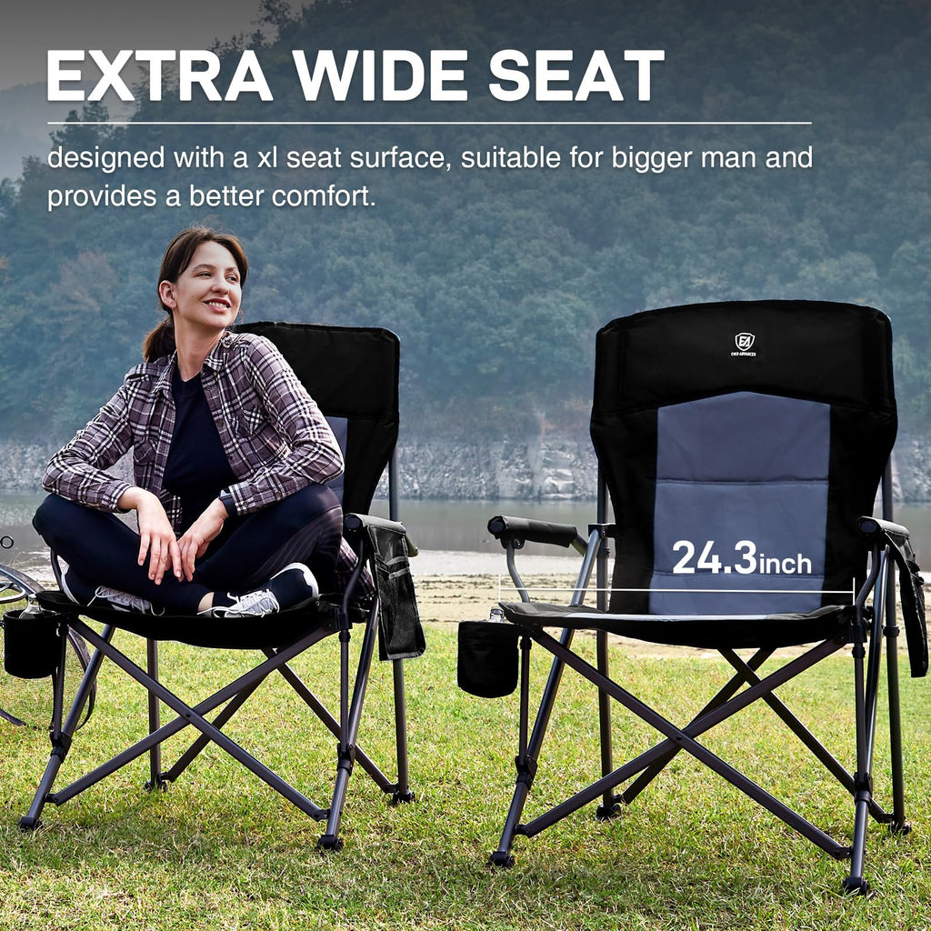 Ever Advanced Oversized Folding Camping Chair For Adults, Heavy Duty Lawn Chair With Side Pockets, Portable Collapsible Quad Chair For Outside, Support Up To 500Lbs, Black