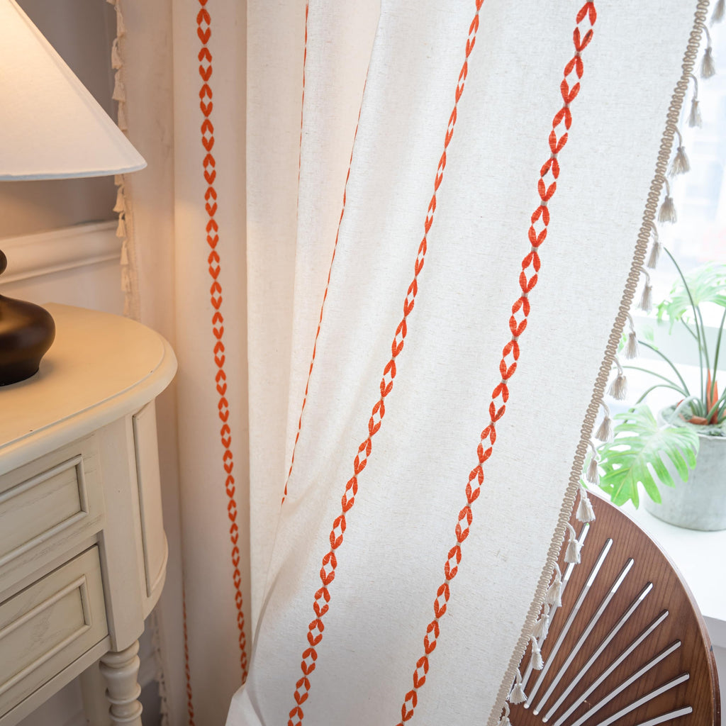 Sutuo Home Boho Curtains 96 Inches For Bedroom Living Room, Semi Blackout Embroidery Window Bohemian Tassels Drape For Halloween