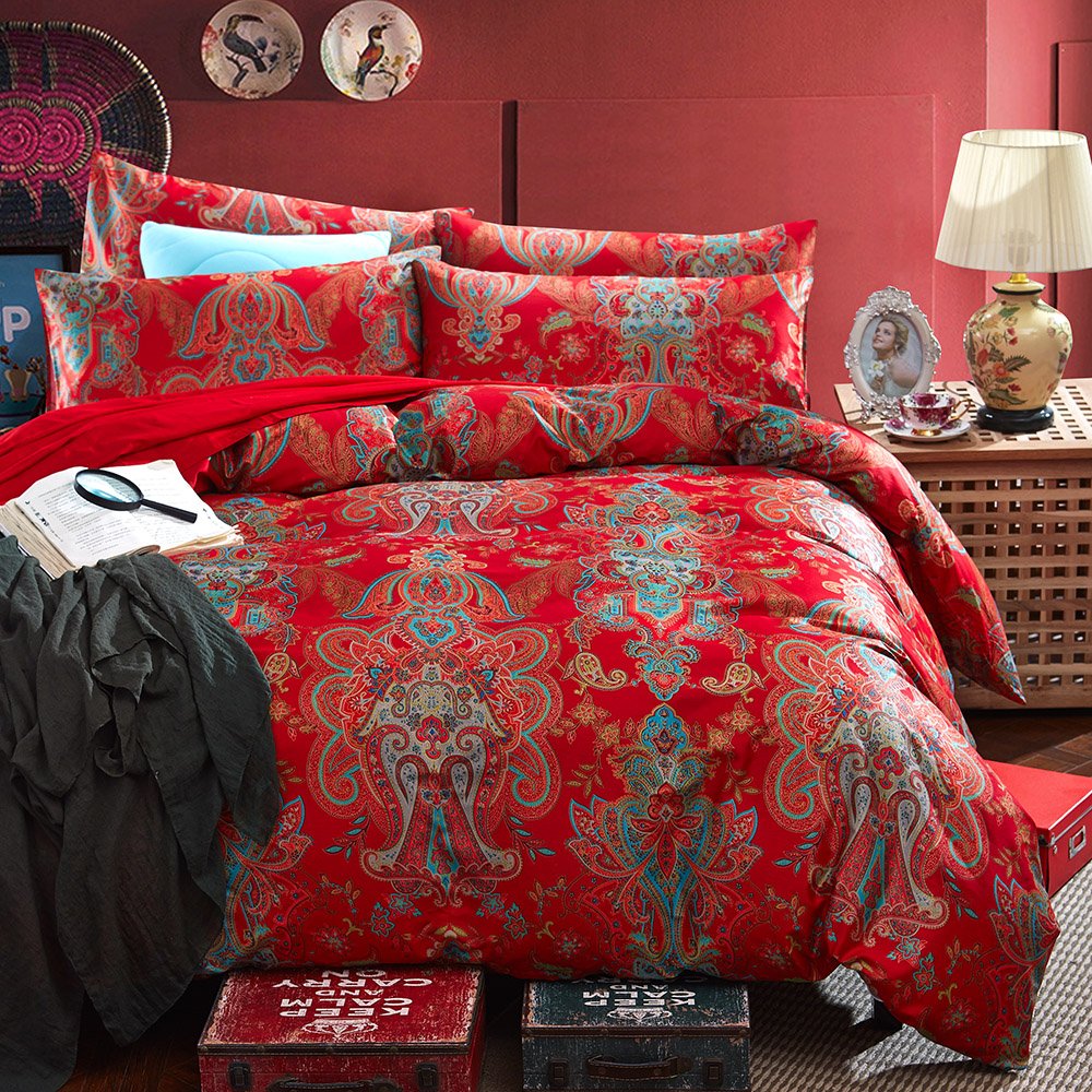 Mixinni Long Staple Cotton Percale Paisley Duvet Cover For Queen Size Bed Boho Floral Pattern 3 Pieces Bedding Set With Zipper T