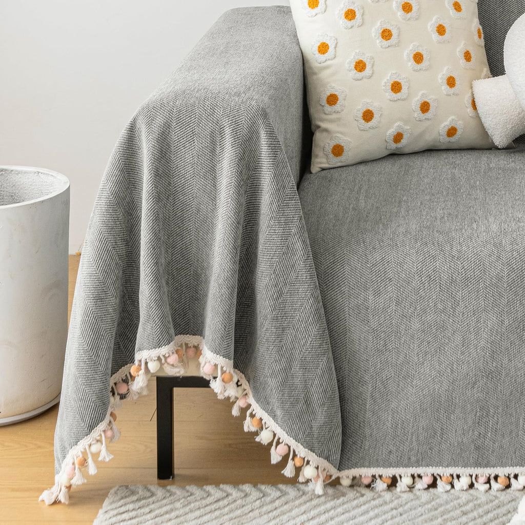 Handontime Couch Slipcovers For Sofas Dark Grey Couch Cover Sofa Cover For Dogs Boho Pet Couch Protector With Tassel Couch Throw Cover Chenille Herringbone Couch Cover Sofa 2 3 Seat Cover, 71' X134'