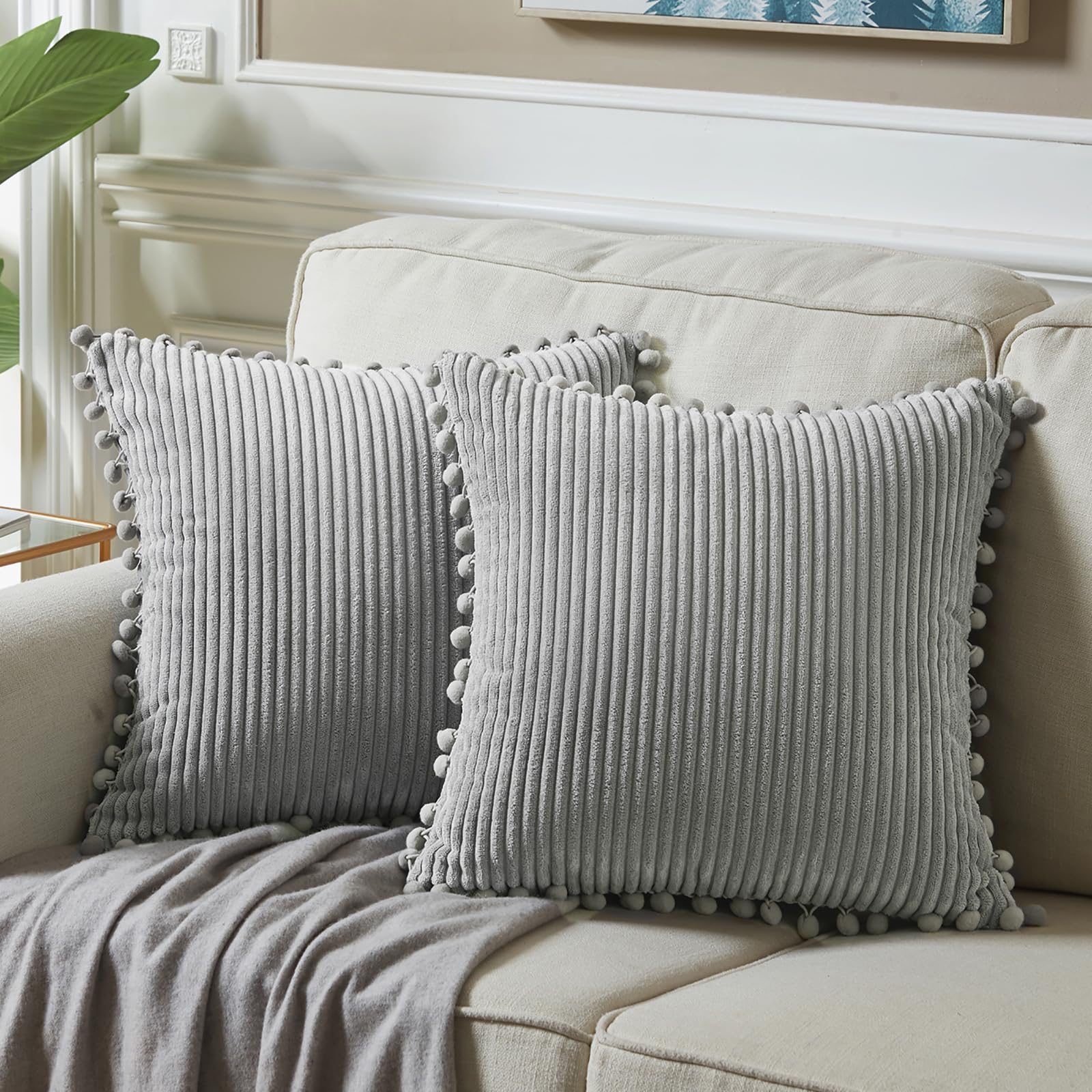 Fancy Homi 2 Packs Neutral Grey Decorative Throw Pillow Covers 18X18 Inch With Pom-Poms For Couch Bed Sofa, Aesthetic Modern Org