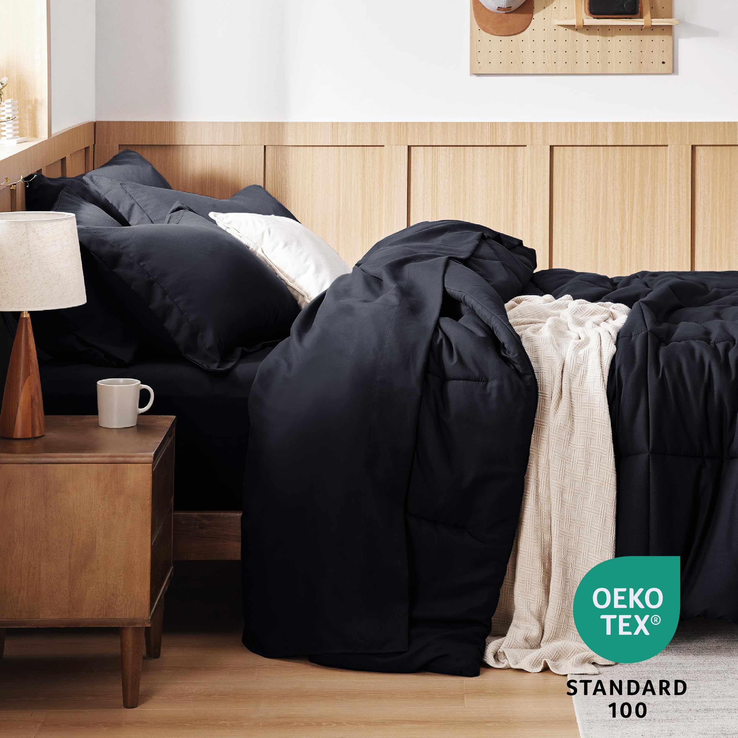 Bedsure Black Comforter Set Queen - 7 Pieces Solid Bed In A Bag, Queen Bed Set With Comforter, Sheets, Pillowcases & Shams